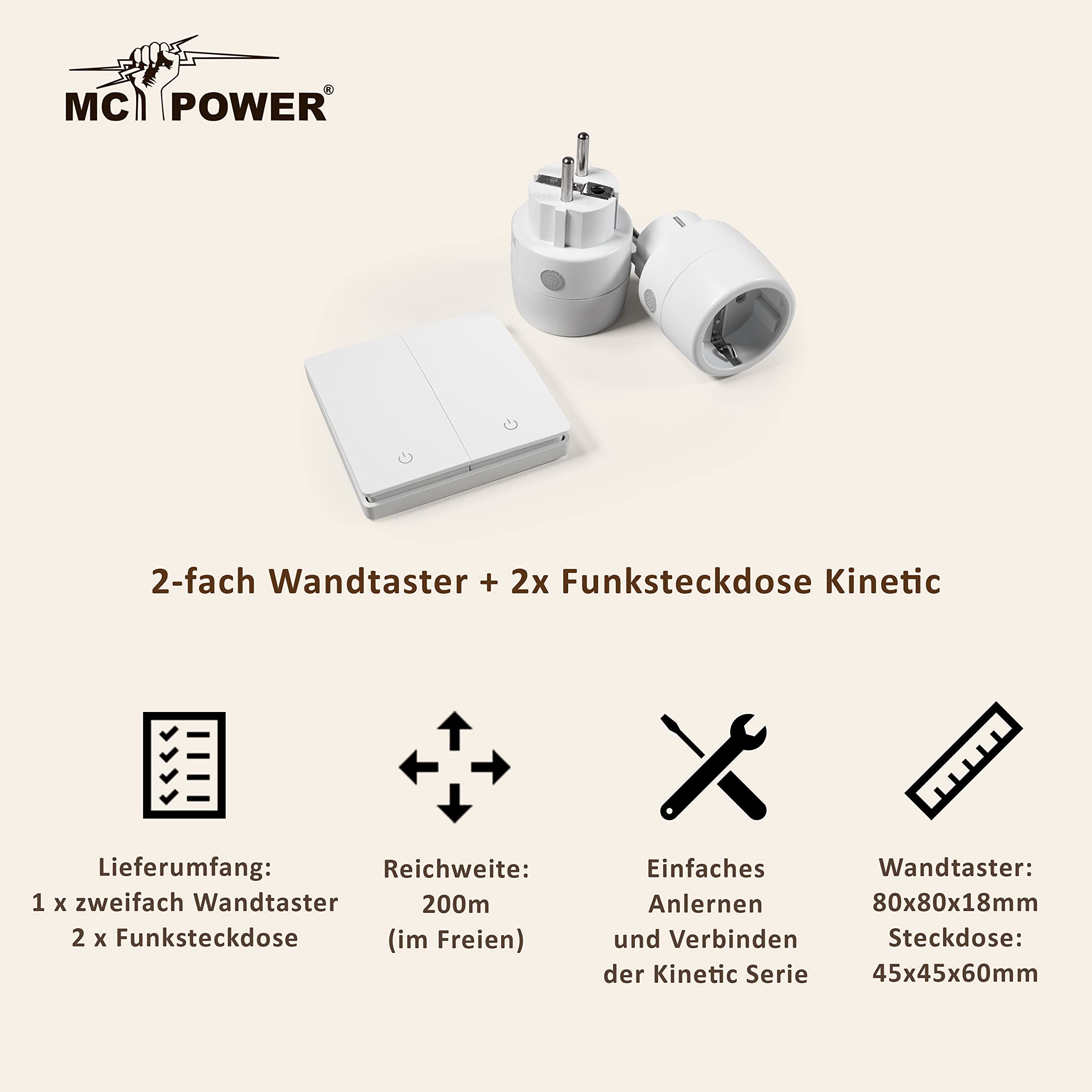 MC POWER Funk-Schalter Set | für Funkschalt-Serie | Kinetic | 2x Funk-Steckdose + 2-fach Funk-Wandtaster, max. 2300W