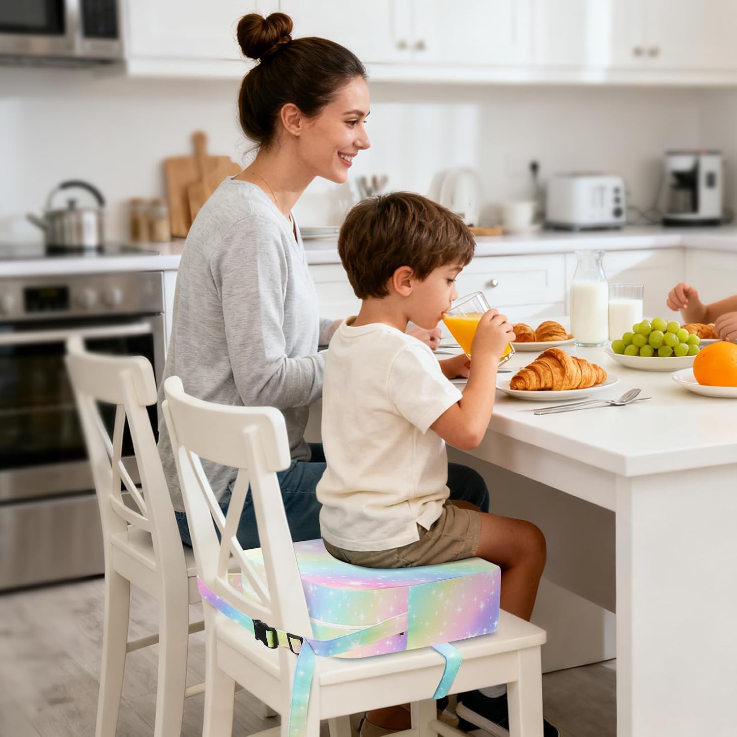 toddler booster seat for dining table kitchen chair, kids booster seat with non-slip bottom and adjustable straps, 4" detachable washable portable travel increasing cushion (rainbow)