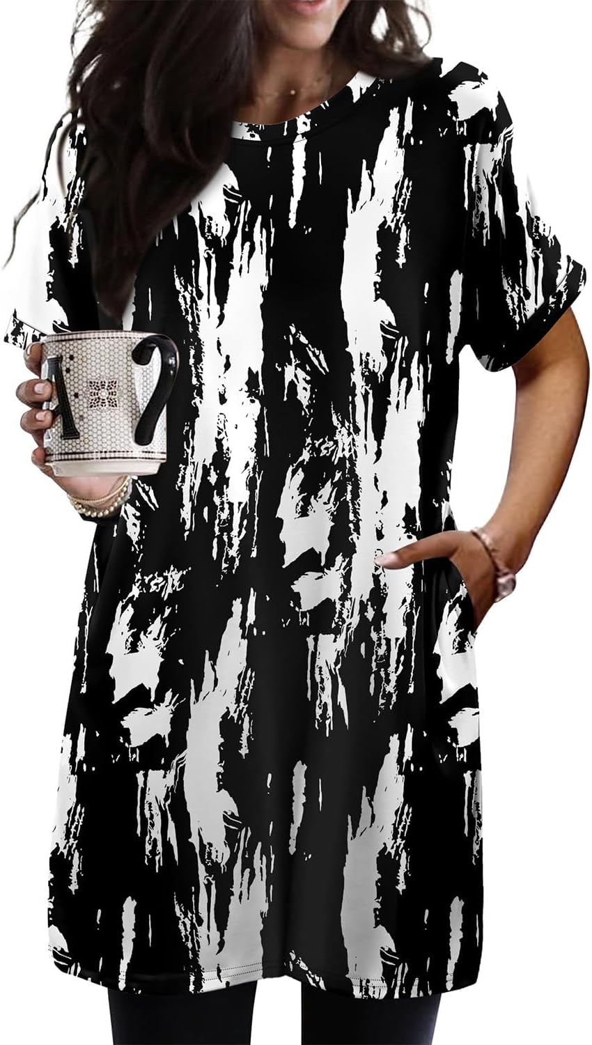Womens Short Sleeve Tunic Tops for Leggings Basic Summer Long Shirts Fashion Loose Clothes