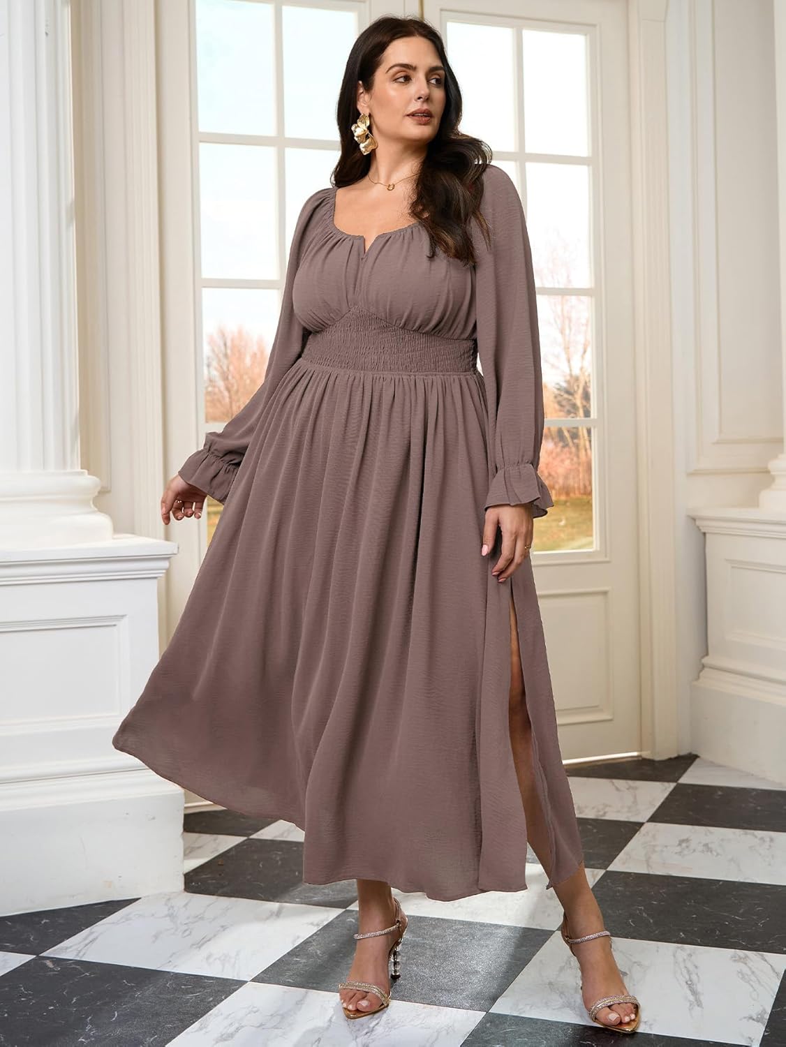 Plus Size Maxi Dresses for Curvy Women Wedding Guest Long Sleeve Square Neck Smocked Empire Waist Slit Long Dress - Image 6