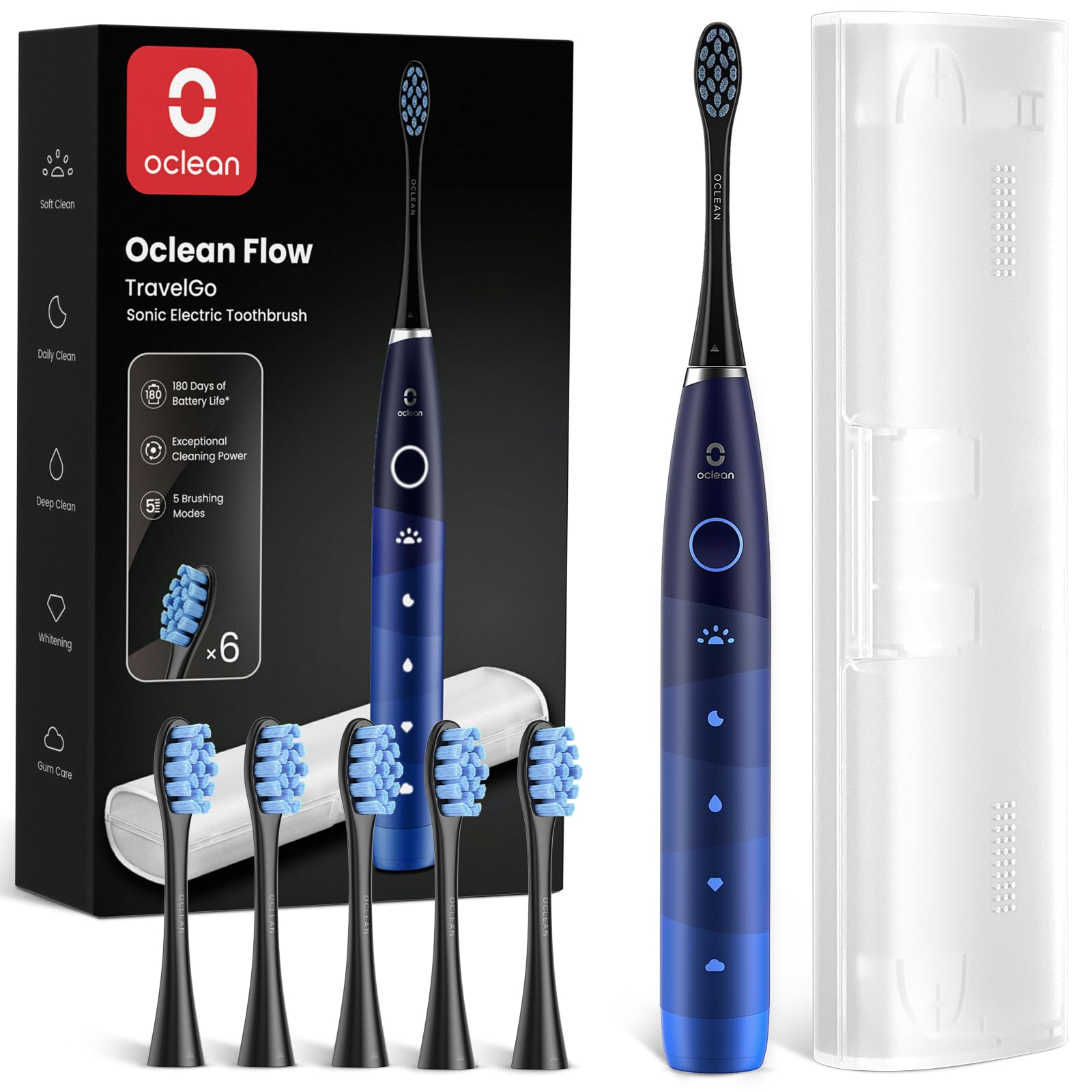 Oclean Brosse à Dents Électrique TravelGo FlowSet, Autonomie de 180 jours avec 6 Brossettes et 5 Modes, Brosse à Dents Sonique, Minuterie & Rappel 30s, 1 Étui Voyage, Set Bleu