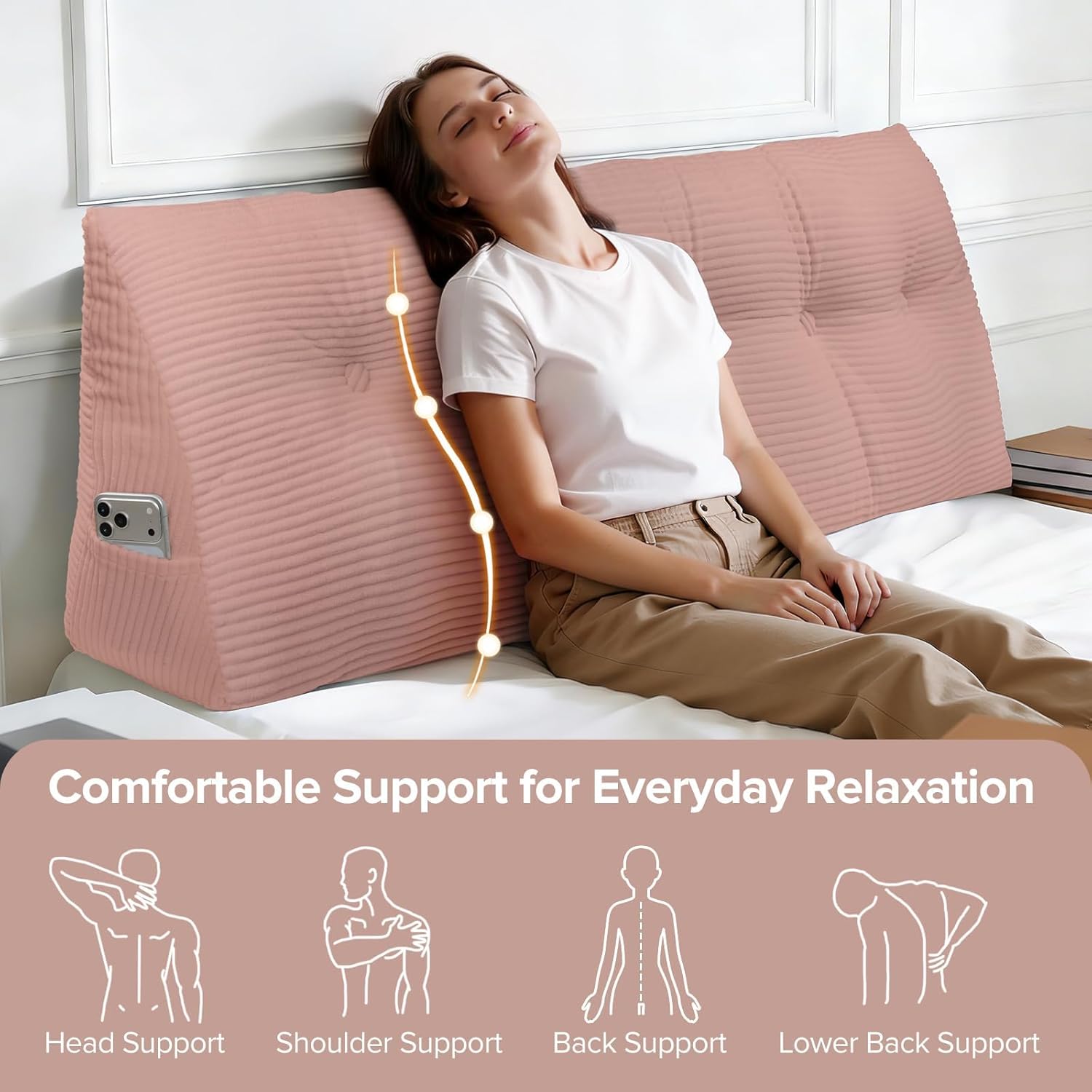 Headboard Pillow for Sitting Up in Bed, Queen Size Backrest Triangle Reading Pillow for Daybed, Supportive Bed Back Pillow for Reading, Watching TV & Relaxing, Soft Lean-Back Support, Pink