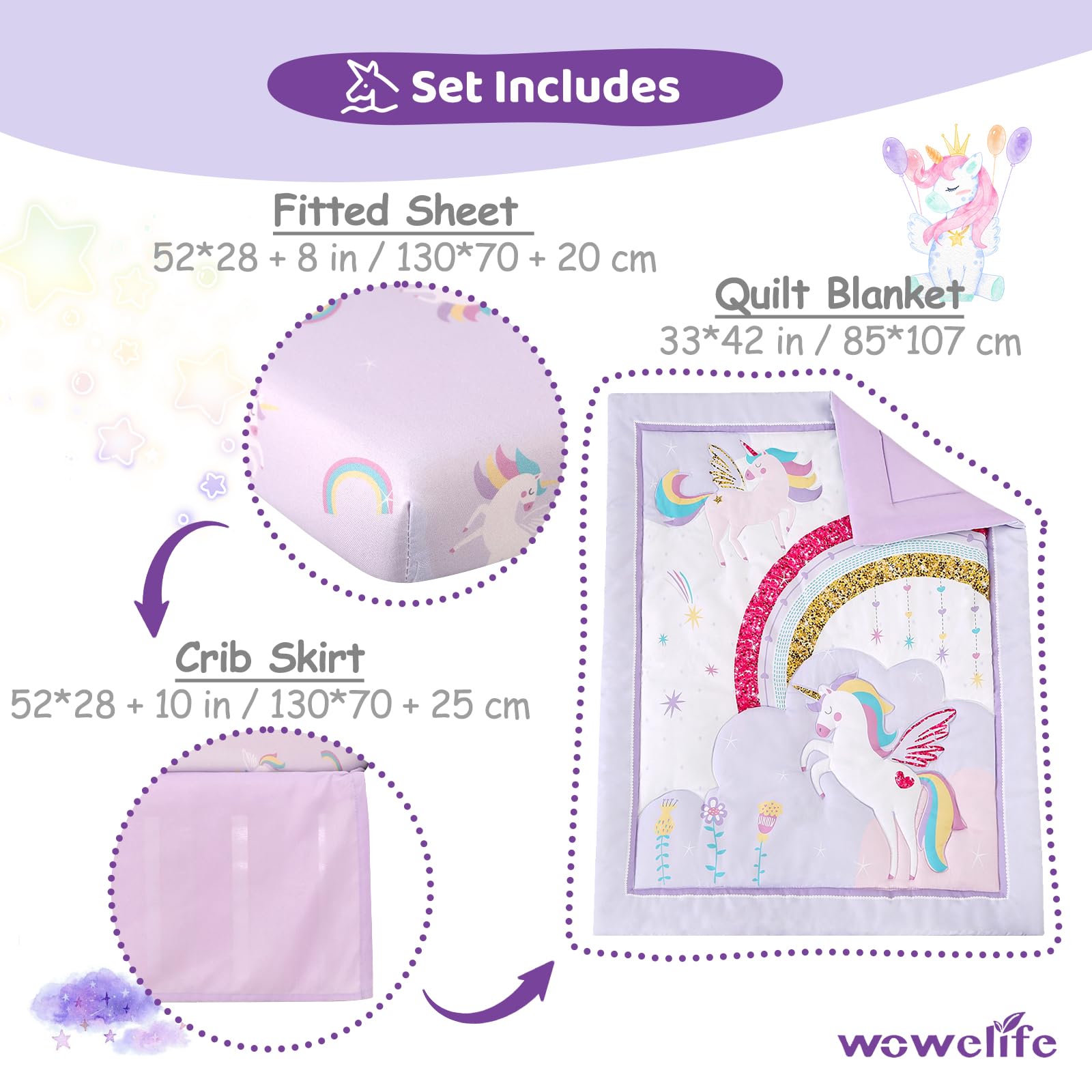 Juego de ropa de cama de cuna de unicornio de 3 piezas, edredón morado, sábana bajera ajustable para cuna, volante de polvo