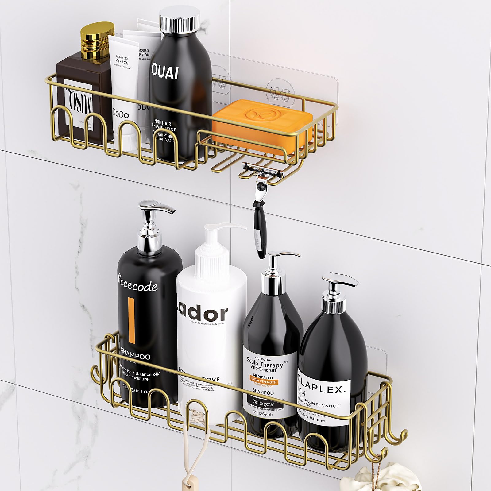 Adhesive Shower Caddy 2 Bonus Hooks 4-Pack Wall Mounted Bathroom Storage Shelf Rustproof Metal Basket Organizer for Kitchen