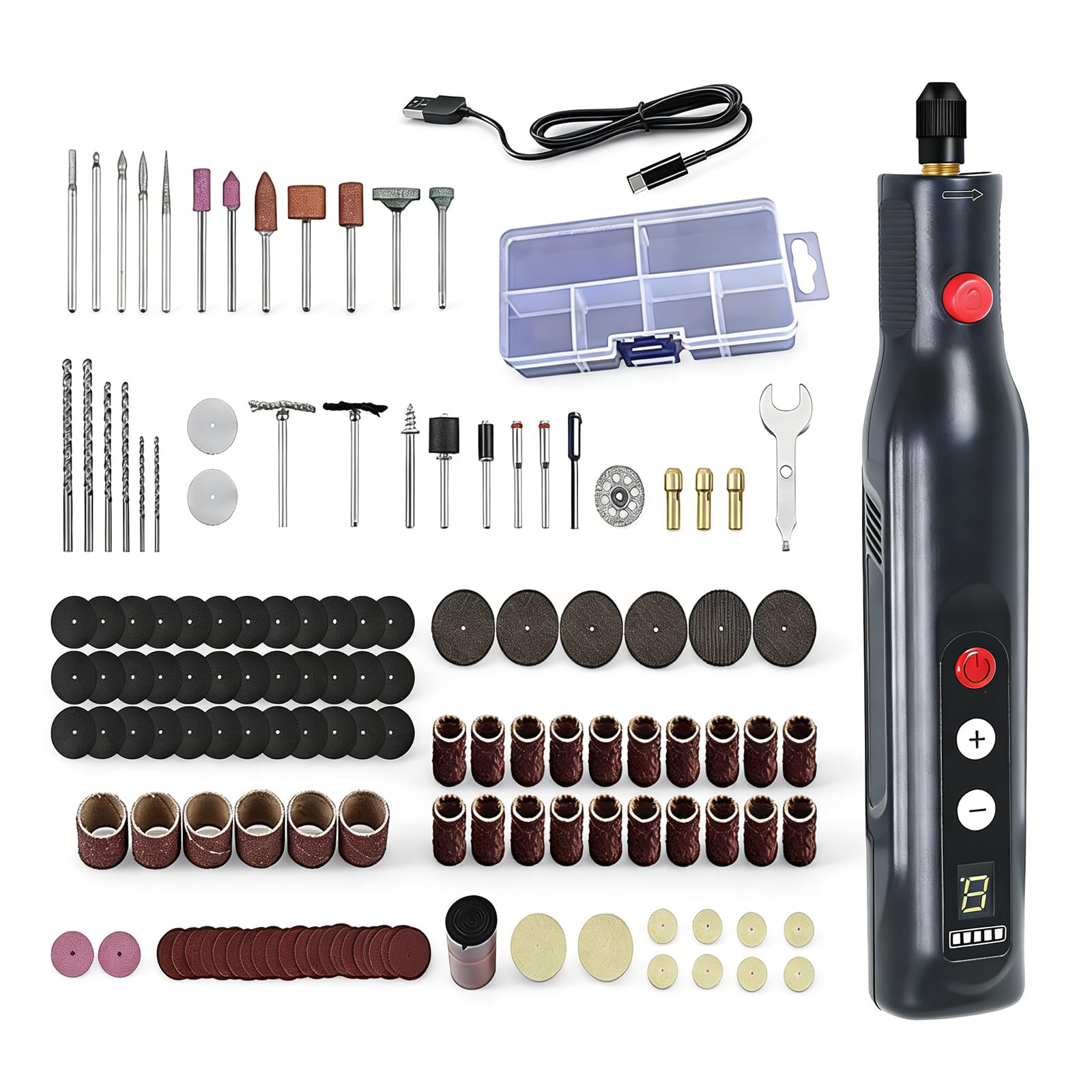Herramienta Multifuncional, Mini Amoladora Eléctrica Inalámbrica de Herramienta Rotativa con 155 Accesorios Mini Máquina de Grabado con 5 Velocidades y Luz LED para Taladrar Grabar Pulir Esmerilar