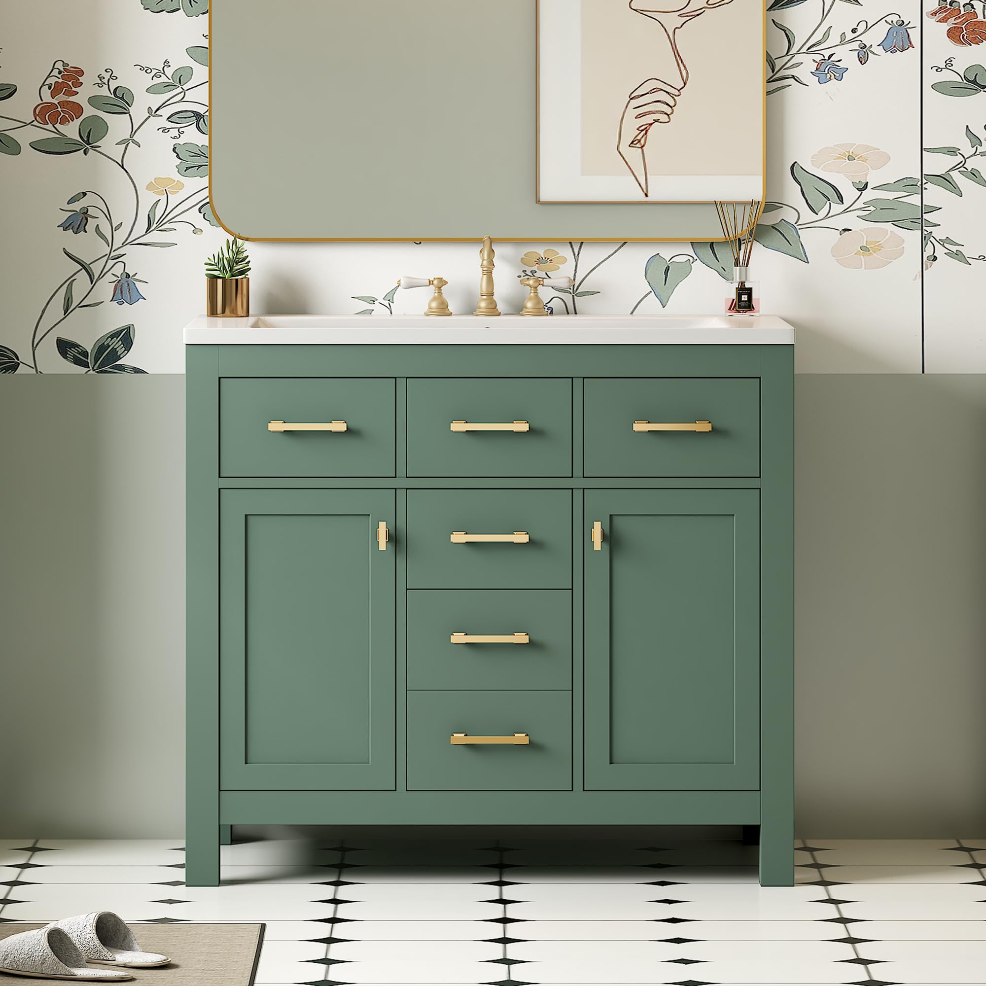Merax 36" Bathroom Vanity with Sink, Freestanding Modern Bathroom Vanity Cabinet with Sink Top, 4 Drawers and 2 Storage Cabinets, Solid Wood Frame Bathroom Vanity