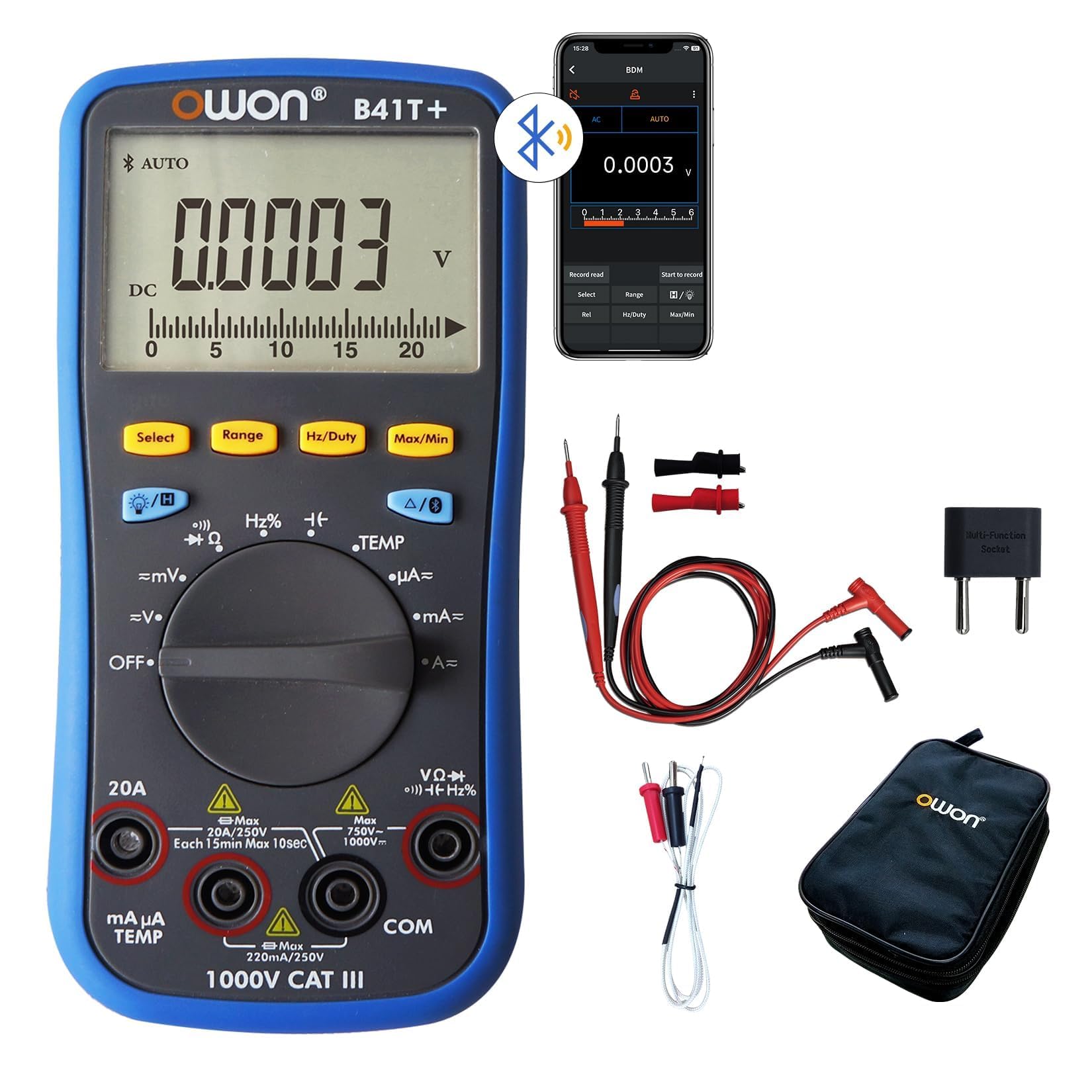 OWON B41T+ Bluetooth Digital Multimeter,22000 Counts Auto Ranging Digital 3 in 1 Multimeters with Bluetooth True RMS Backlight Test Meter for Electrical Testing