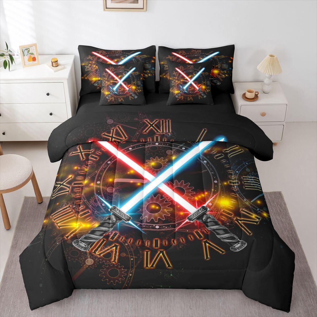Feelyou Kids Lightsaber Comforter Set 7 Pieces Full Size Gear Cogwheels Pattern Bedding Set for Boys Girls 3D Neon Blue Red Bed in a Bag with Comforter, Sheets, Pillowcases & Cushion Covers