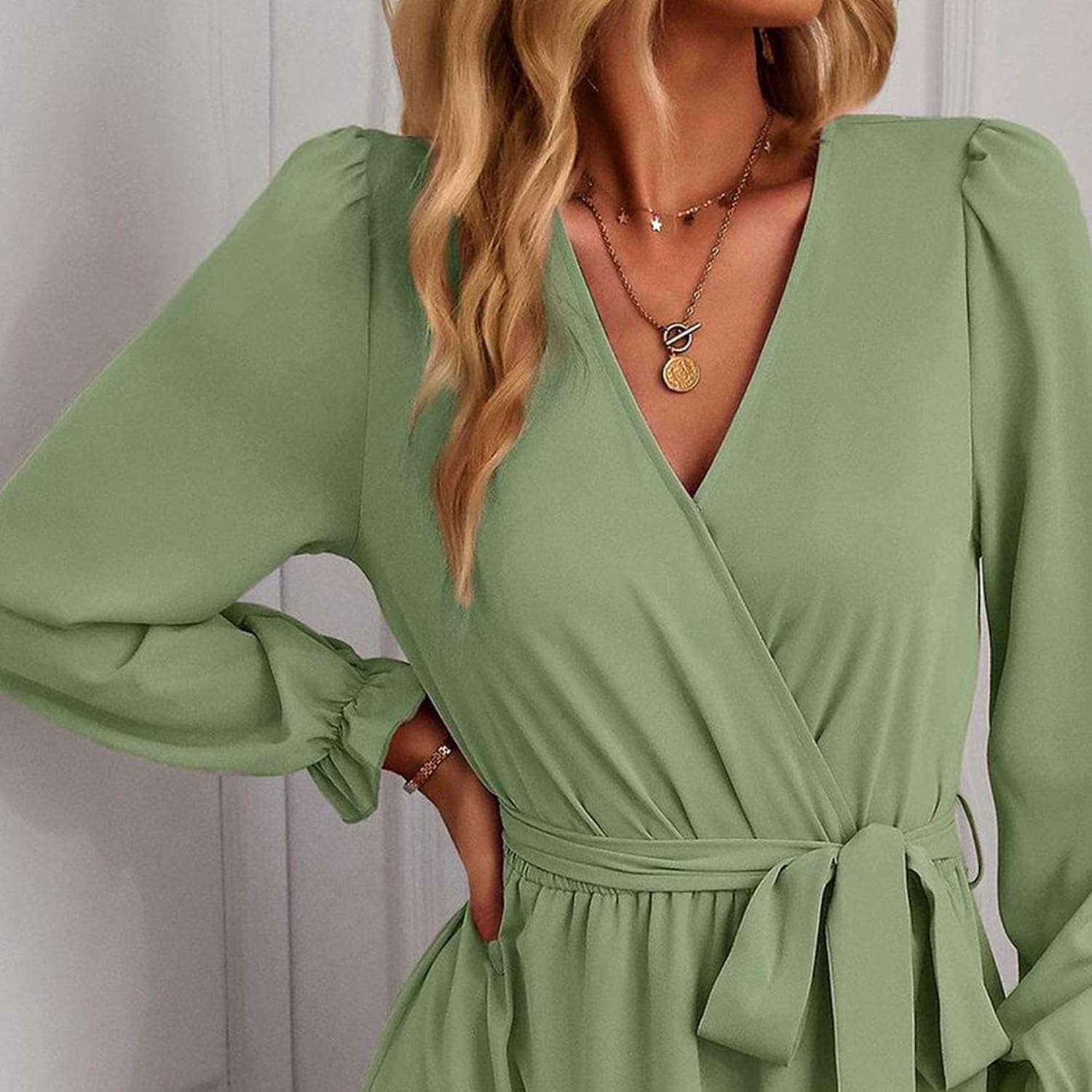 Women Long Sleeve Dress Solid 2024 Spring Lapel V Neck Belted Elegant Dress Ruched Loose Tie Waist Maxi Shirt Dresses