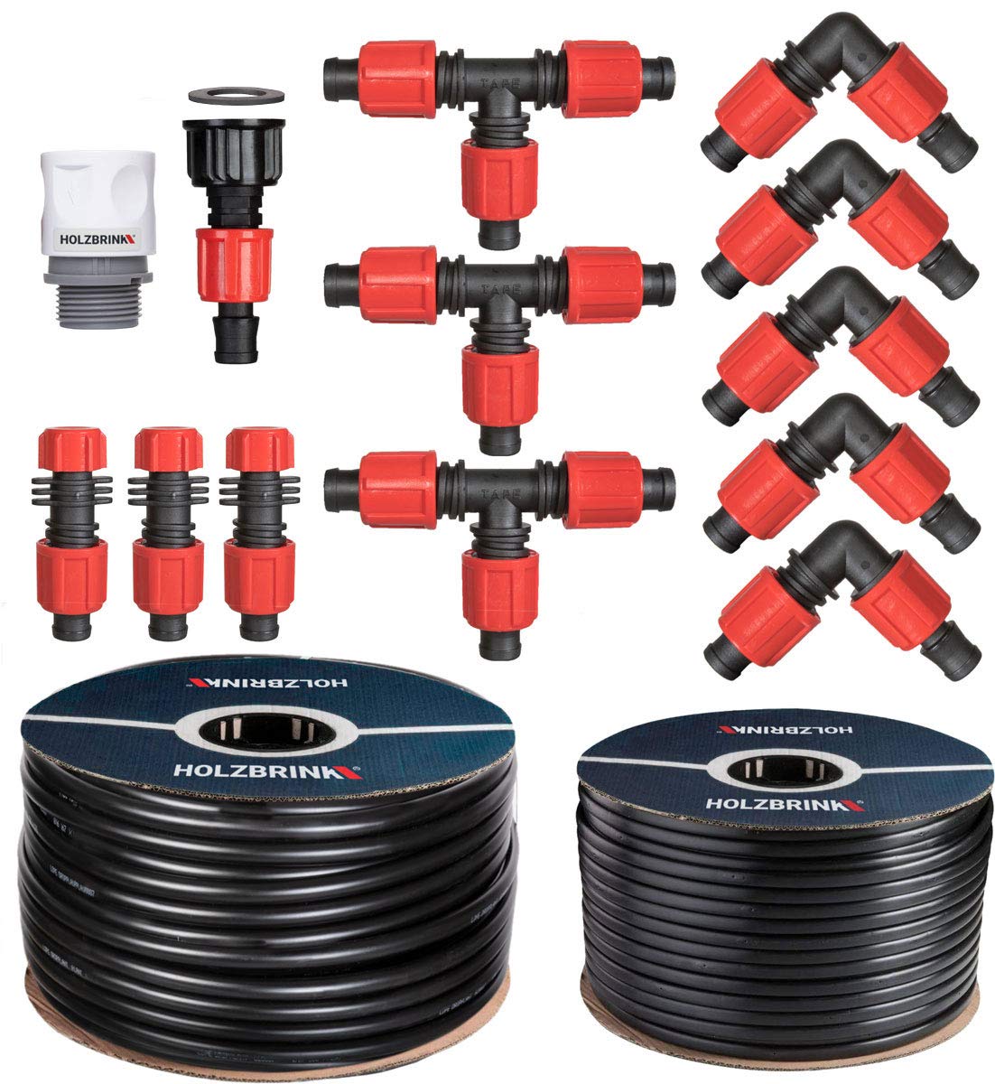 HOLZBRINK Sistema di irrigazione a goccia, set di irrigazione tuie e siepi: linea di gocciolamento 50 m ADVANCED 16 mm, 20 m tubo LDPE 16 mm, HTB-13-50A-20