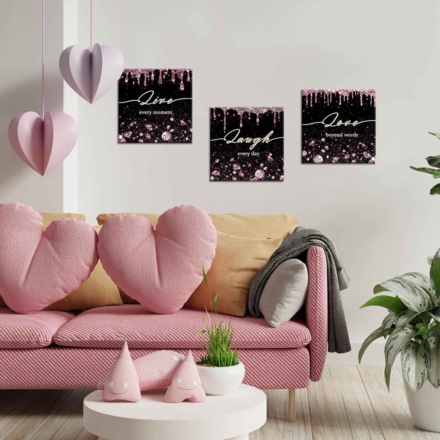 Conipit Pink Glam Canvas Wall Art Laugh Live Love Inspirational 3 Pictures Frame Fashion Art Modern Artwork Black White Pink Glitter Paintings For Girl's Bedroom Wall Decor（12''x12''x3pcs