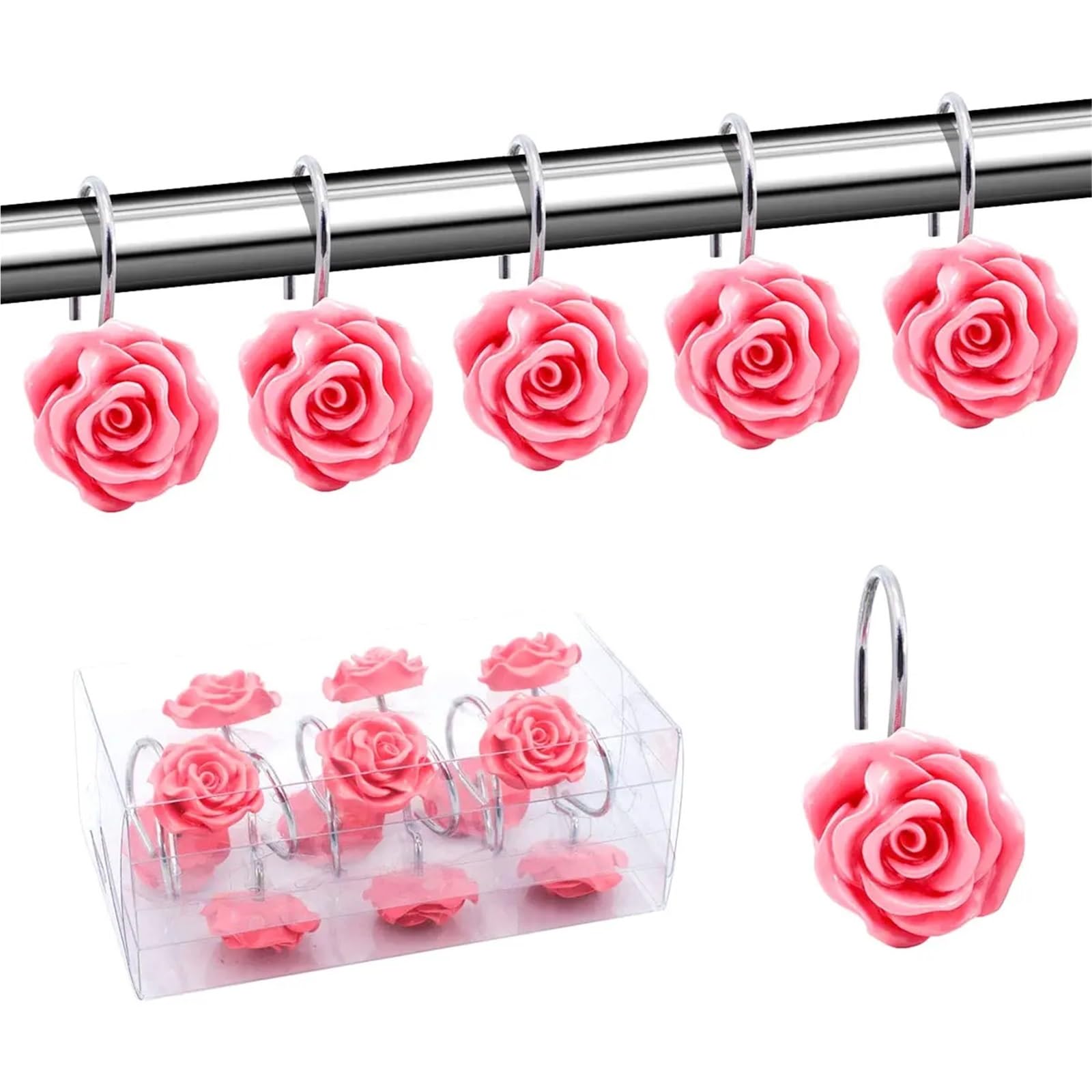 Anneaux de rideau de douche fleur rose en résine | Set de 12