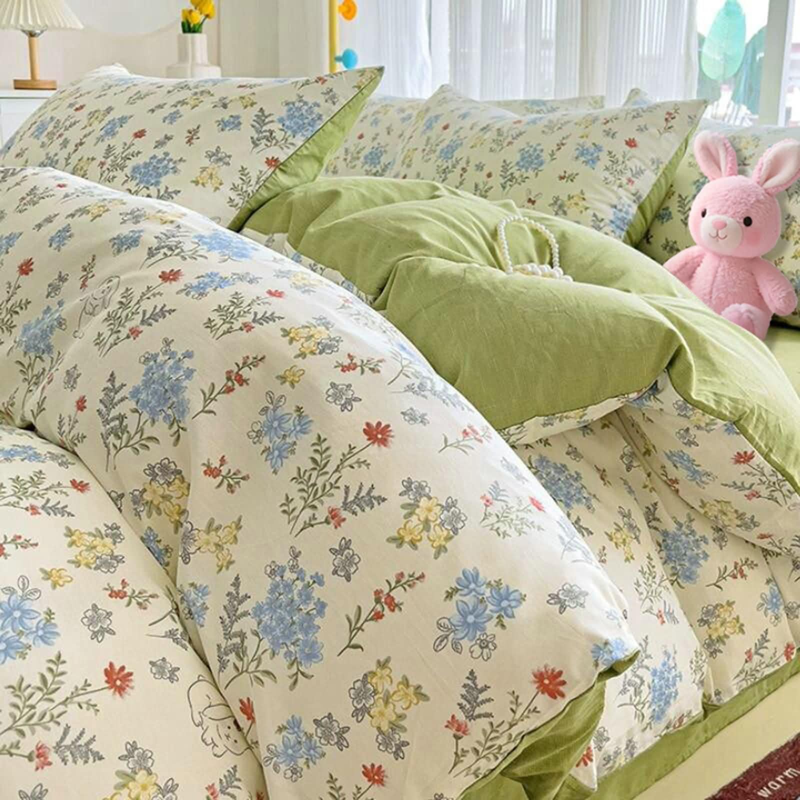 4-częściowy zestaw pościeli, poszwa na kołdrę 200x230cm, regulowana prześcieradło z gumką 150x200cm i 2 poszewki na poduszki, wzór kwiatowy, miękka bawełna, zielony