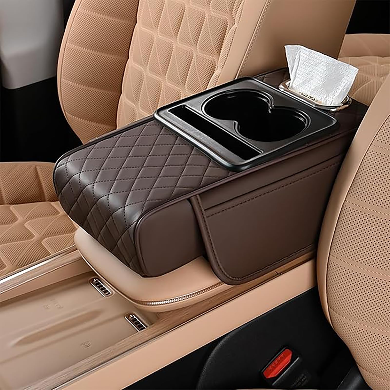 Car Center Console Cover for Toyota Hilux Double Cab 2001-2025, Microfiber Leather Armrest Cushion 5-in-1 Center Console Cover with 2 Storage Bags Cup Holder Tissue Box Interior Accessories