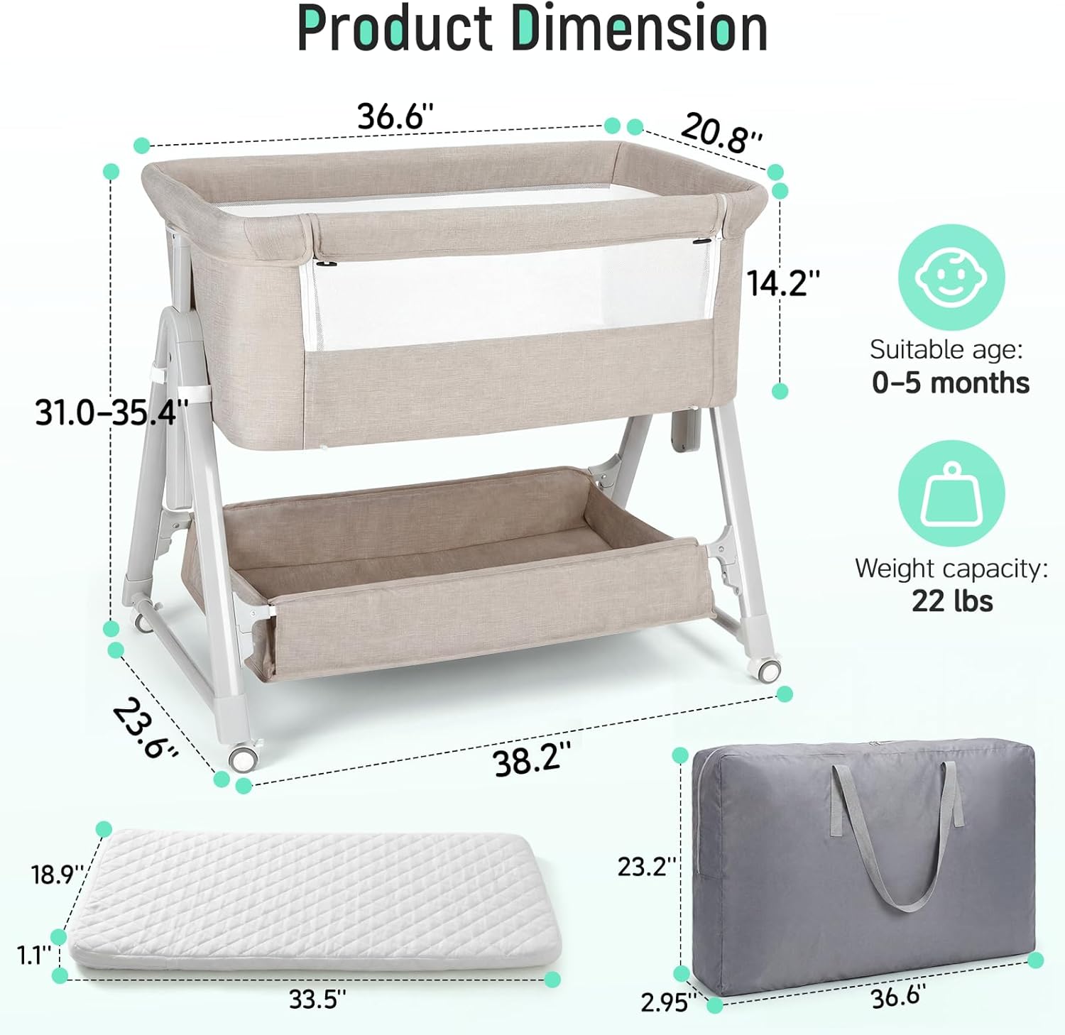 Cowiewie Bassinet Bedside Sleeper,3-in-1 Baby Bassinet with Mattress & Wheels,Easy Folding Portable Bedside Bassinet for Baby with Storage & Travel Bag,Breathable Mesh,Stable & Secure,Beige