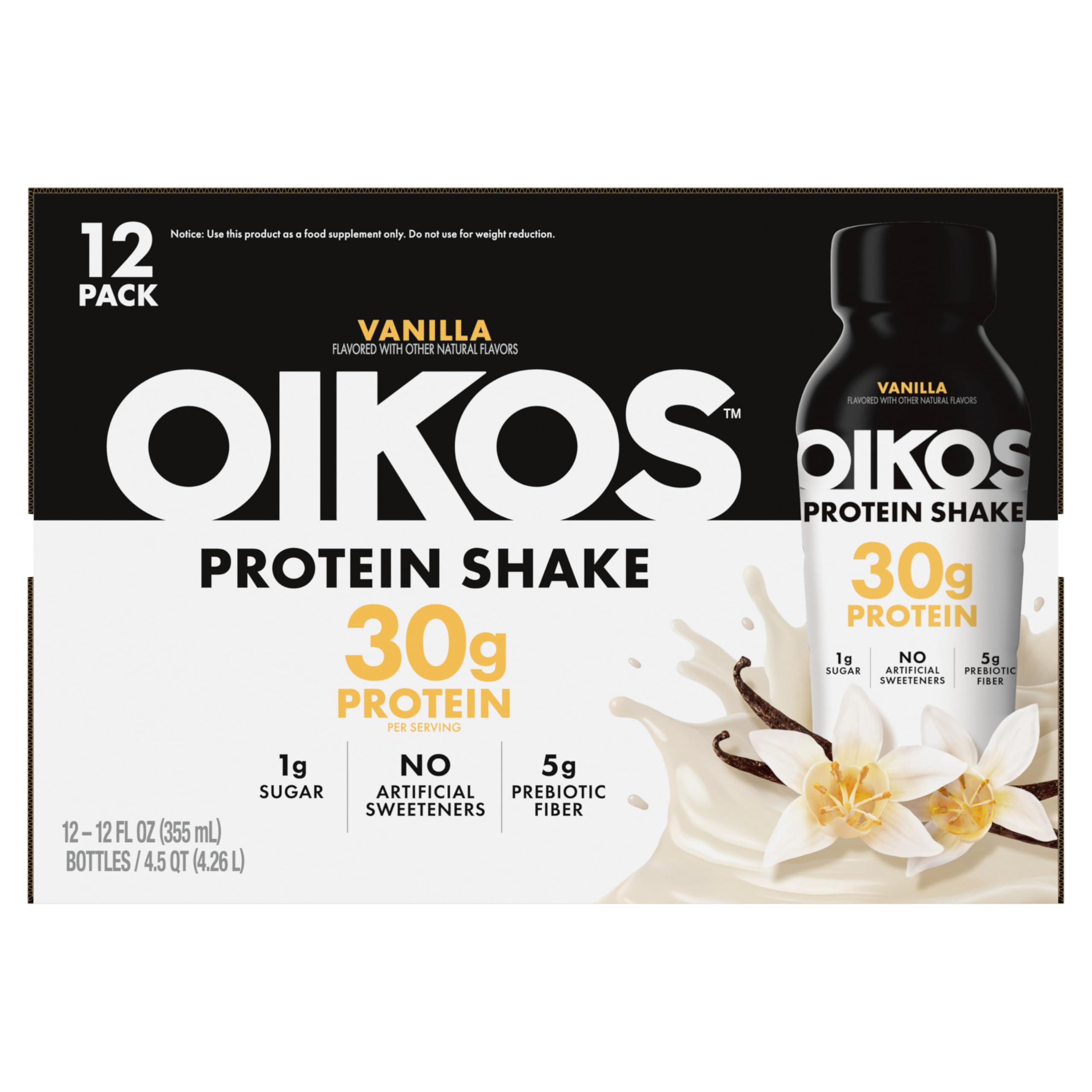 Oikos Protein Shake, Vanilla, 30g High Protein Drinks, Shelf Stable, Ready to Drink, 5g Prebiotic Fiber, 12 fl oz Bottle, 12 Count​