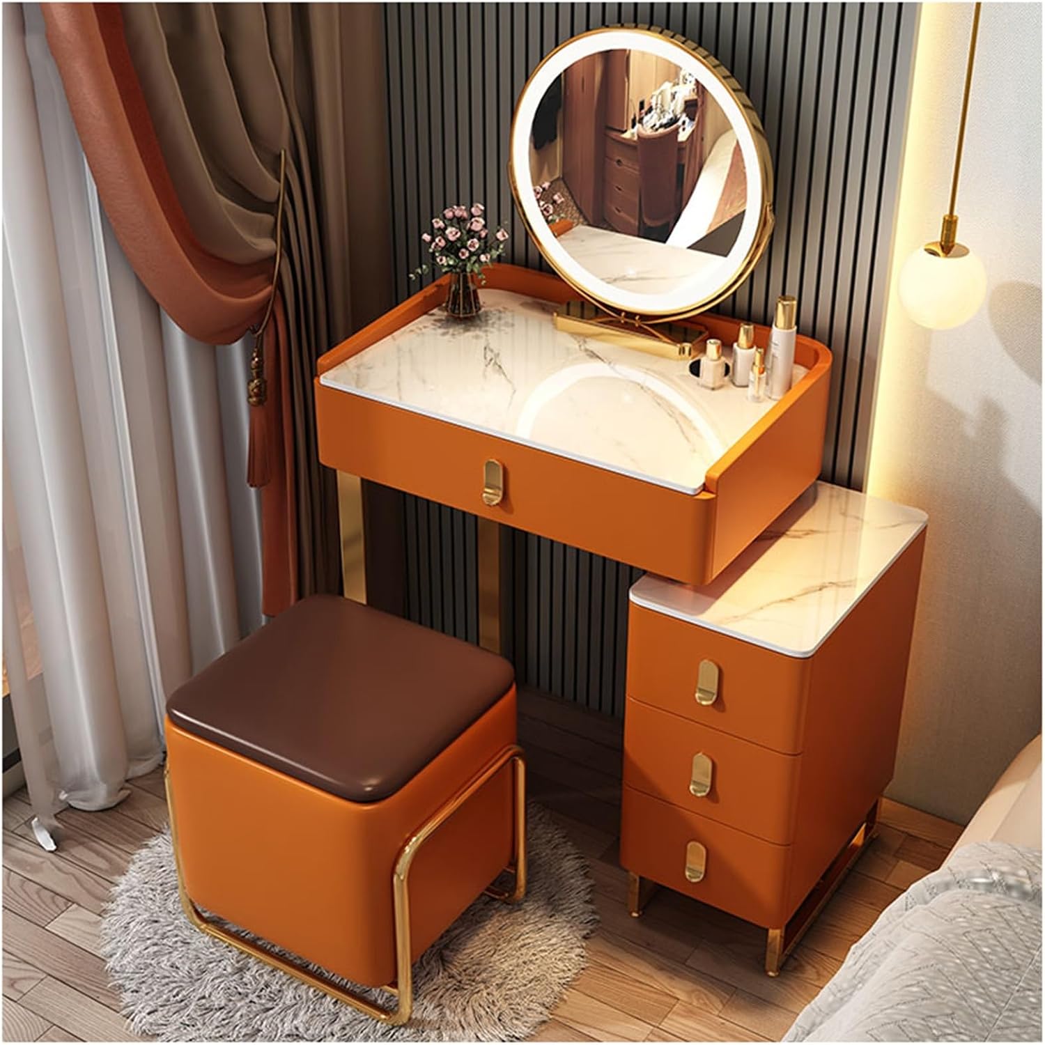 Vanity Desk,Modern Small Makeup Vanity Desk Set with 3-Color LED Mirror, Storage Drawers & Stool for Girls' Bedroom - Stylish Orange Dressing Table, Compact 60x40x76cm