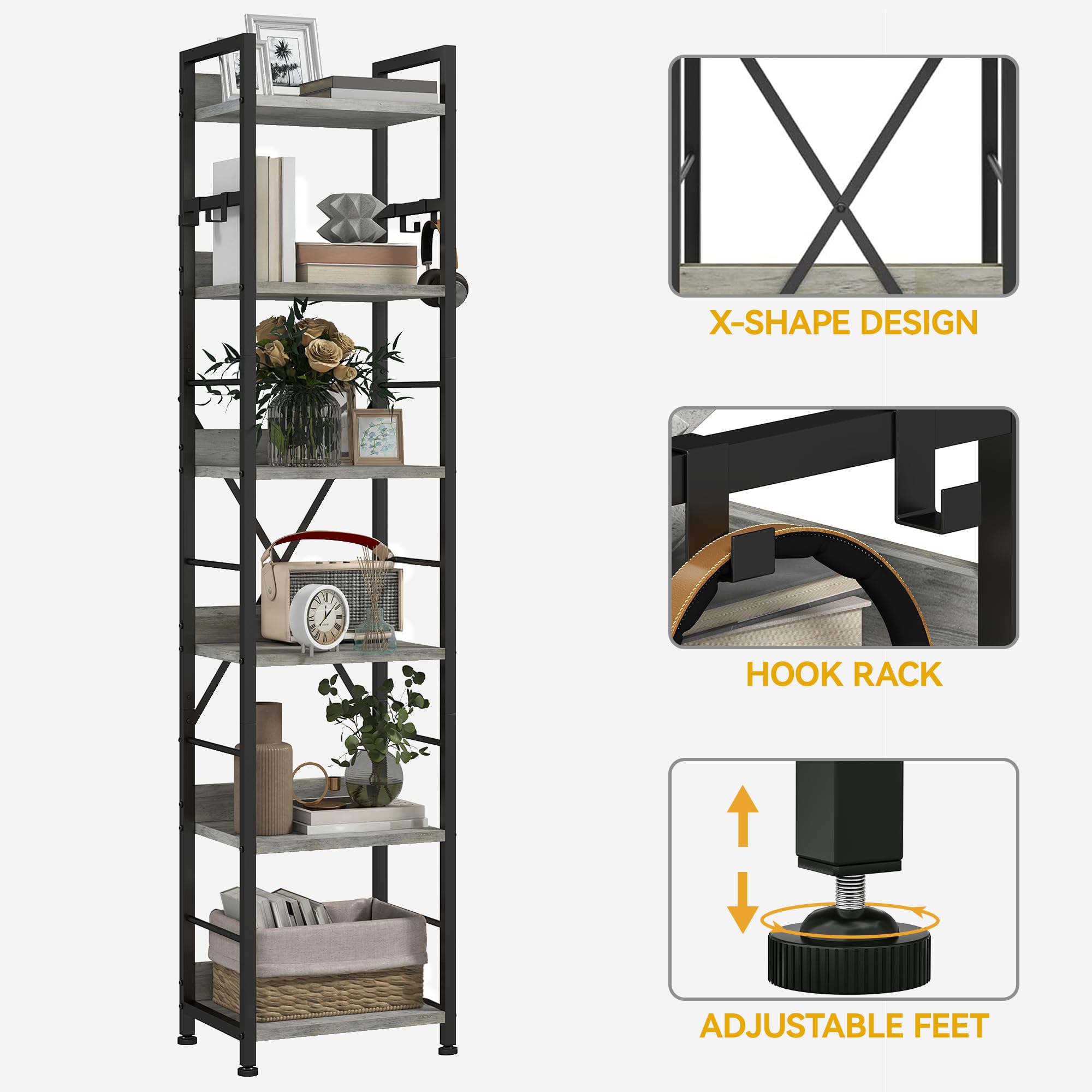 DWVO Libreria a 6 ripiani, scaffale alto con telaio in acciaio, libreria industriale con 4 ganci, supporto per presentazioni, per soggiorno, grigio