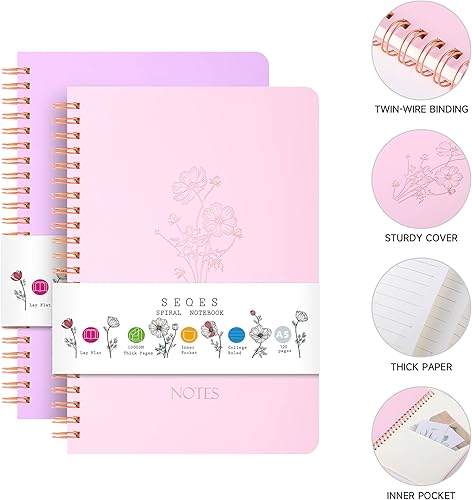 Miniatura 2 de Paquete de 3 cuadernos en espiral, papel liso de 3.53 ozm, 120 páginas A5 de 8.26 x 5.7 pulgadas, páginas a rayas de 0.27 pulgadas, bolsillo