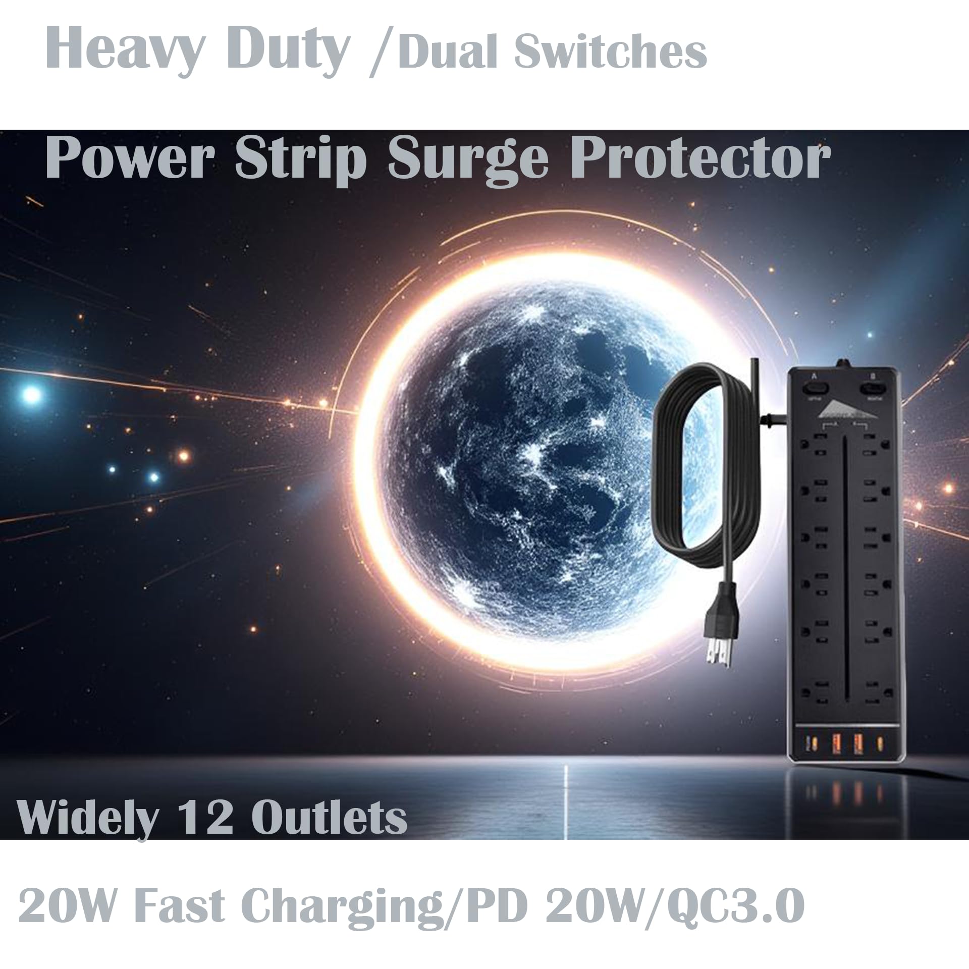 Protector de sobretensiones de regleta resistente, 20 A 2500 W, ampliamente 12 tomas/interruptores duales, carga rápida de 20 W/PD 20 W/QC3.0, protección de 4000 julios, cable de calibre 12 de 6.5