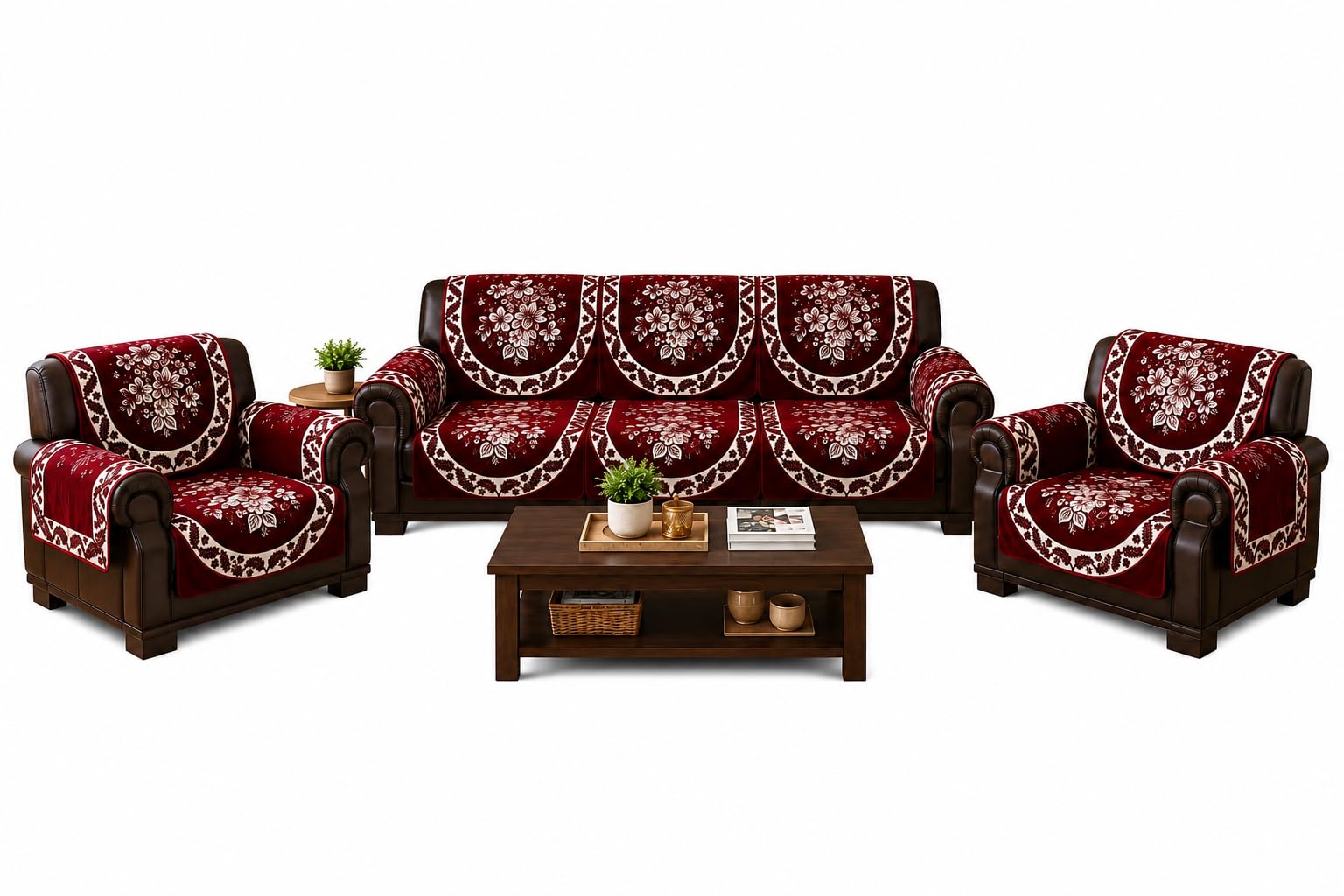 5 Seater Stretchable Sofa Cover for Living Room | Premium Jacquard Fabric | Elastic Non-Slip Universal Fit | Washable Dust & Pet Protection | Full Sofa Slipcover (3+1+1 Set) (Maroon_5S5)-image-44