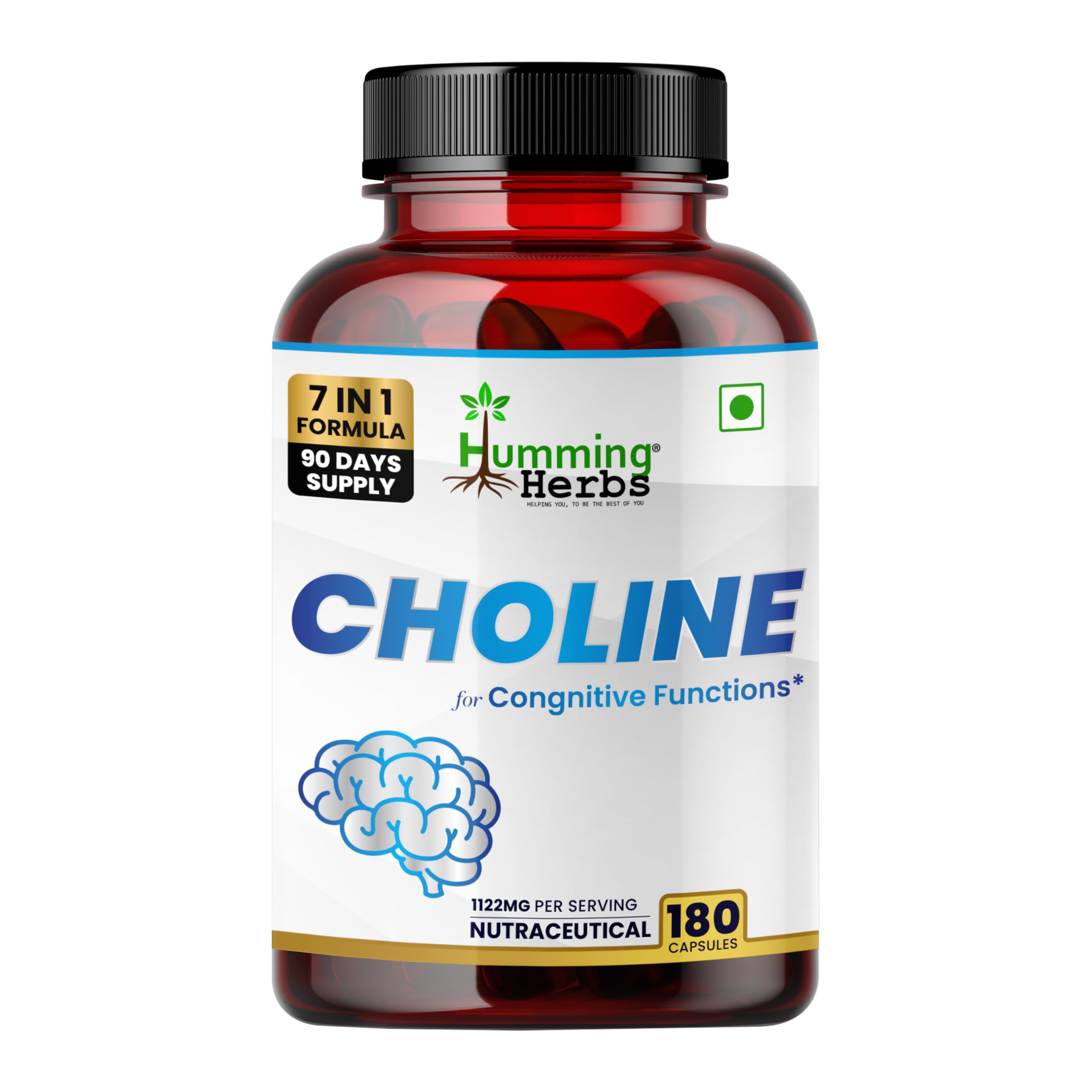 Humming Herbs Choline 1122mg with Bacopa, Ginkgo, Phosphatidylserine, L-Theanine & B6 | 7-in-1 Cognitive Support Formula | 180 Veg Capsules | 90 Days Supply | Brain Health Supplement-image-46