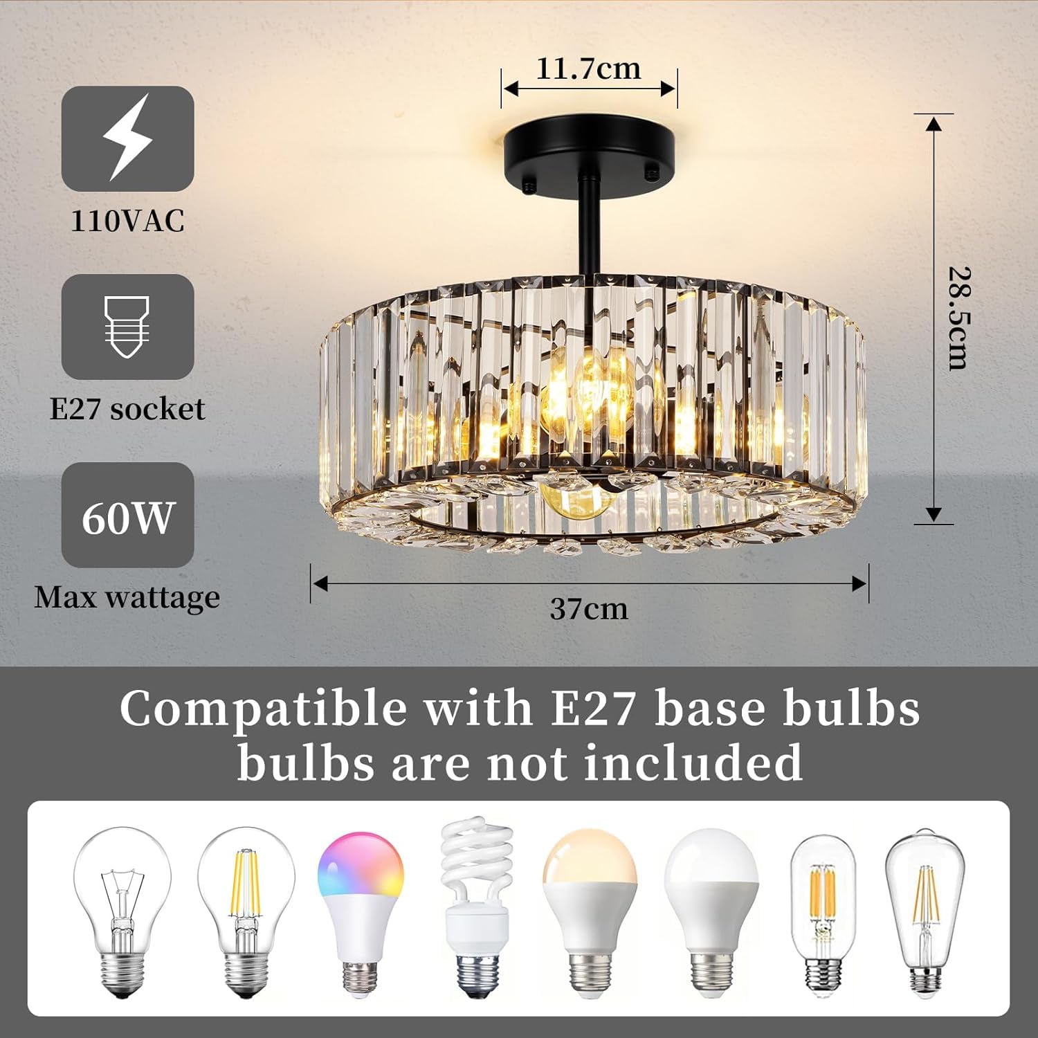 FRIDEKO HOME Modern Kristall Deckenleuchte 4 Flammige Groß Rund Kronleuchter Kristall Lampenschirm Metall Deckenlampe E27 für Schlafzimmer Wohnzimmer Φ37cm (Ø37cm-schwarz-1209)