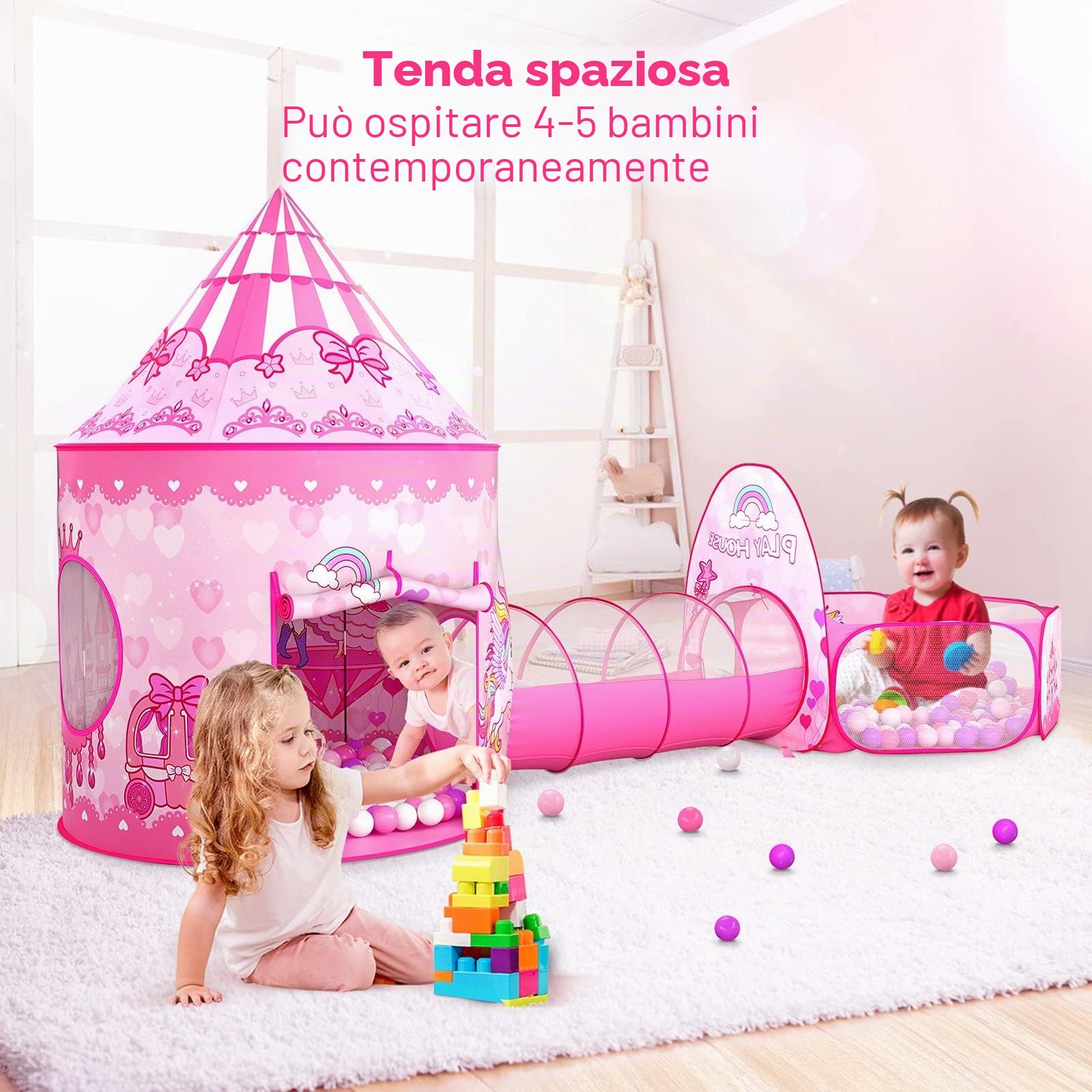 Wilwolfer Tenda Gioco Pop-up + Tunnel Gioco + Piscina di Palline per Bambini - 3-in-1 Casetta per Neonati Bambine Bambini - Grande Casetta Giardino Interni ed Esterni (Tenda Principessa)