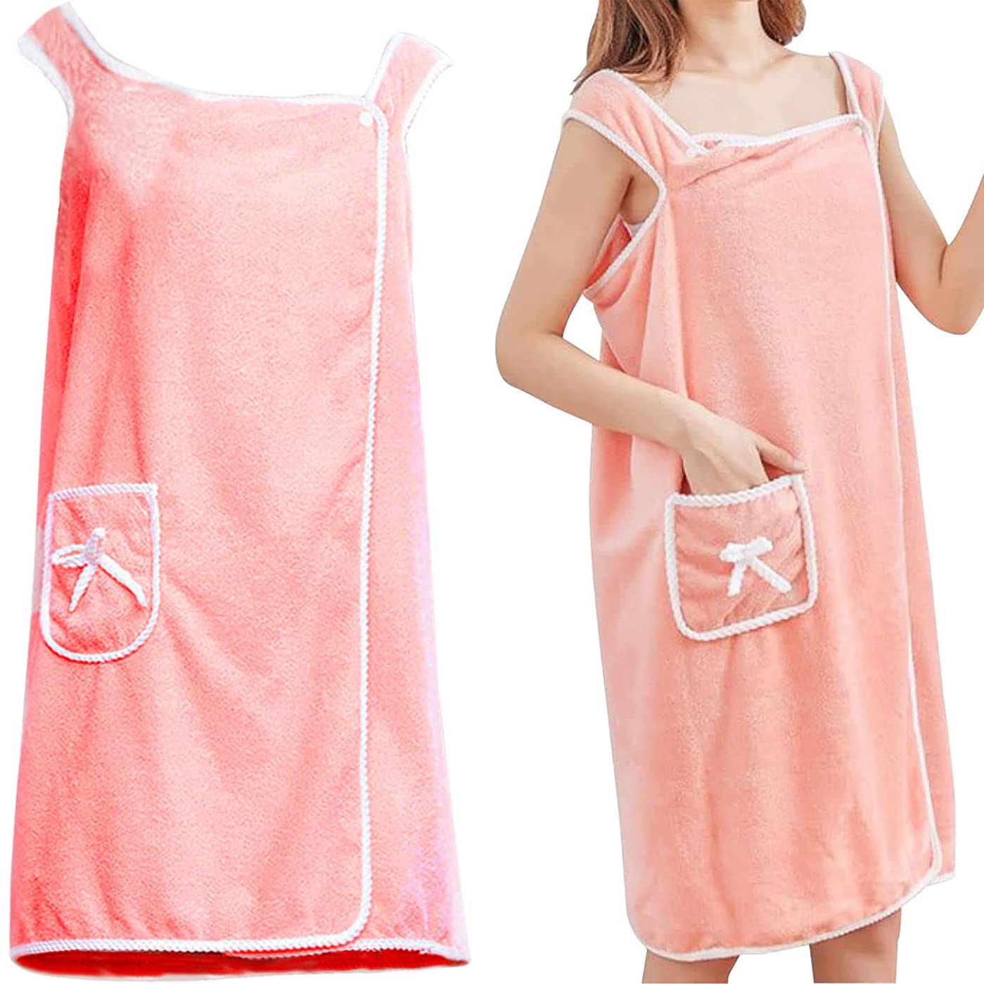 4EVER Bath Towel Wrap Coral Fleece Bathrobes Highly Absorbent Off Shoulder Bath Sleeveless Dress Beach Coral Fleece Towelling Bath Robe, Spa Sauna, Cute Pocket Design(Pink, 80 x 135 cm), One Size