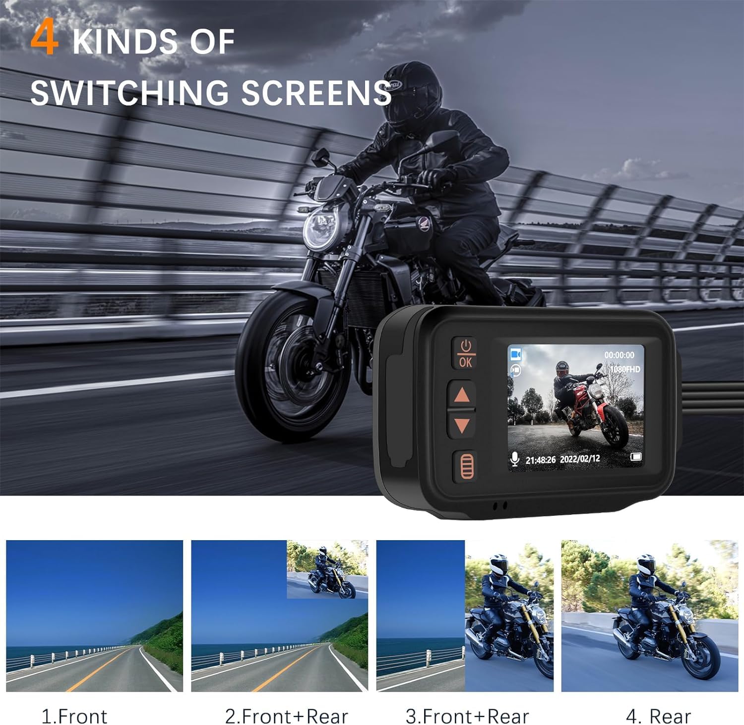 CAMECHO Dash CAM para Moto, Impermeable Total Videocamera Motocicletta AHD 1080P Cámara Delantero y Trasero 150° con GPS Integrado, Wi-Fi, Mando a Distancia con Cable+32GB TF Card