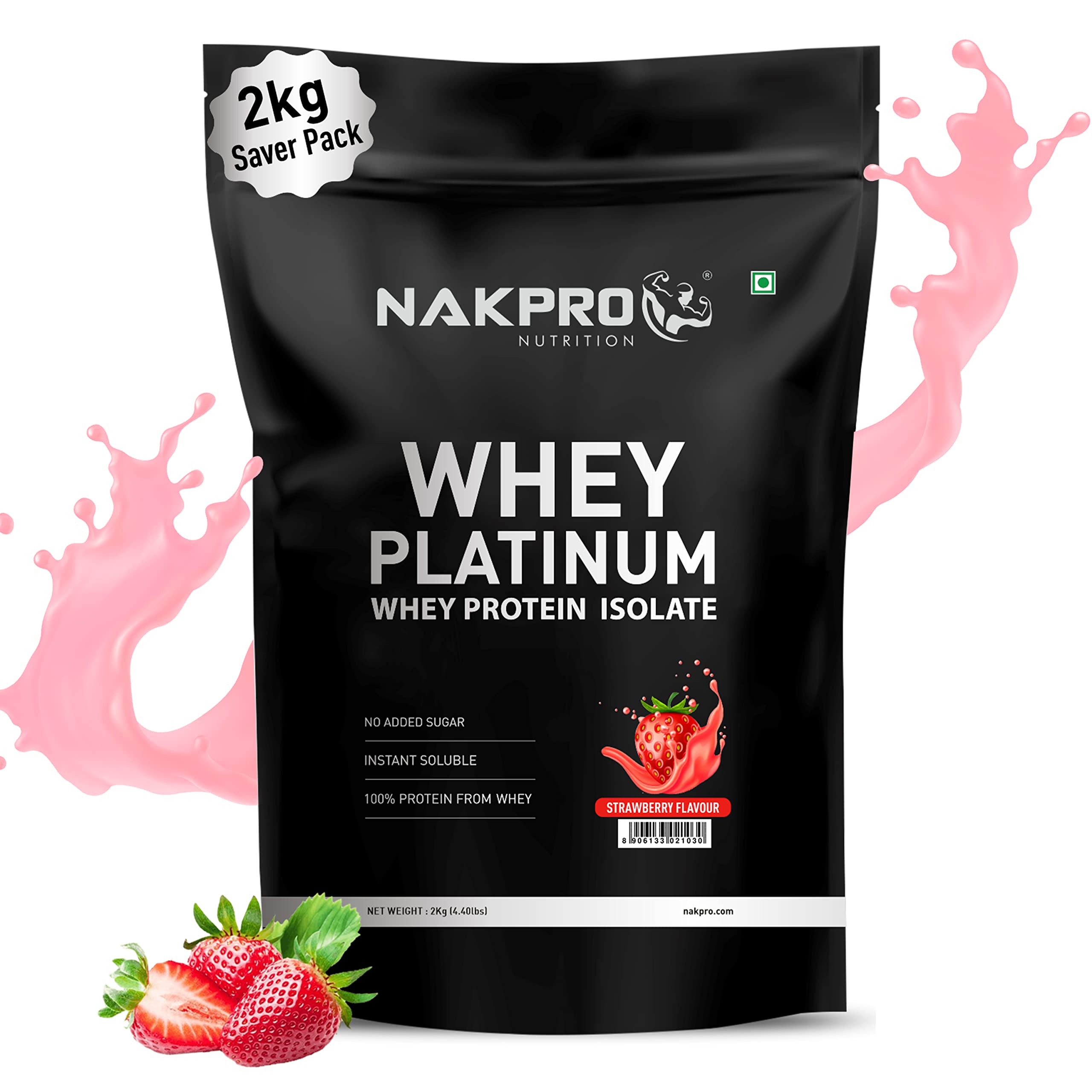 NAKPRO Platinum Whey Protein Isolate 2kg Strawberry | 28g Protein, 6.4g BCAA | Trustified Certified 100% Authentic Supplement Powder & No Adulteration | Low Carbs, Fast Absorbing Whey Protein Powder