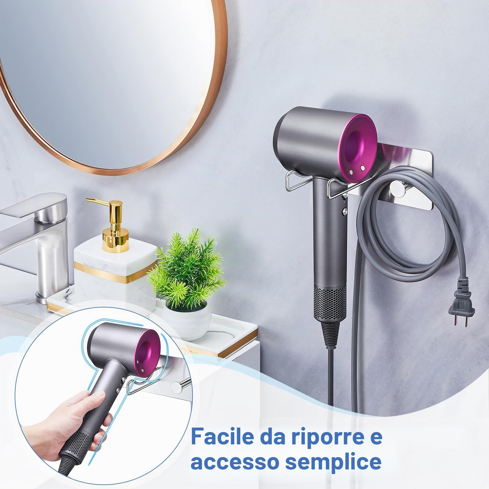 Supporto per asciugacapelli da Bagno a Parete Senza Foratura, in Acciaio Inox con mensole di Supporto, Supporto per asciugacapelli, da incollare per Bagno, Camera da Letto, Hotel (Argento)