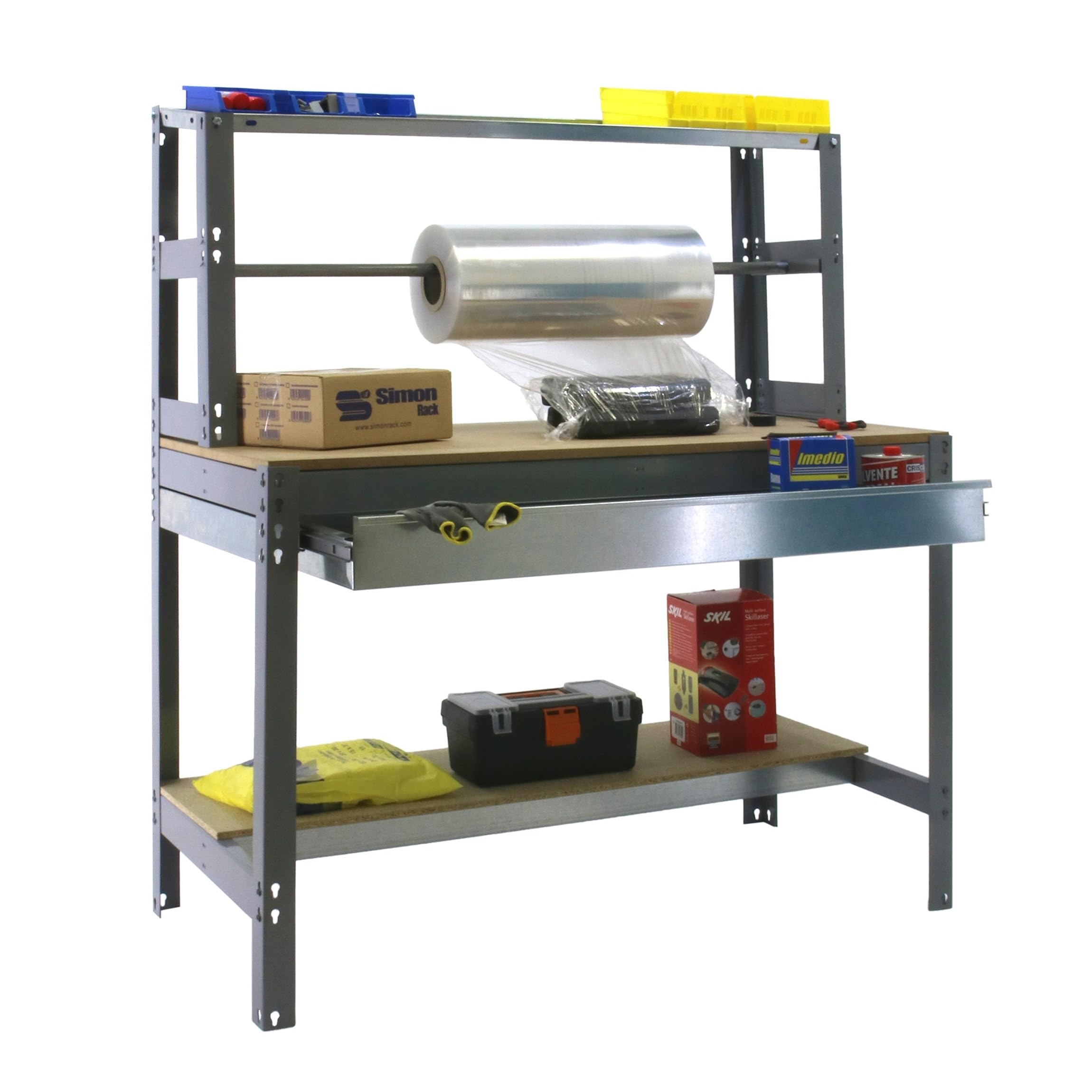 Simon Rack Banco de Trabajo con Porta Rollo y cajón 1210x760 mm - BT4 | Tablero madera 16 mm, Capacidad Carga 600 kg, Gris , Pintura anticorrosión, Montaje sistema clic