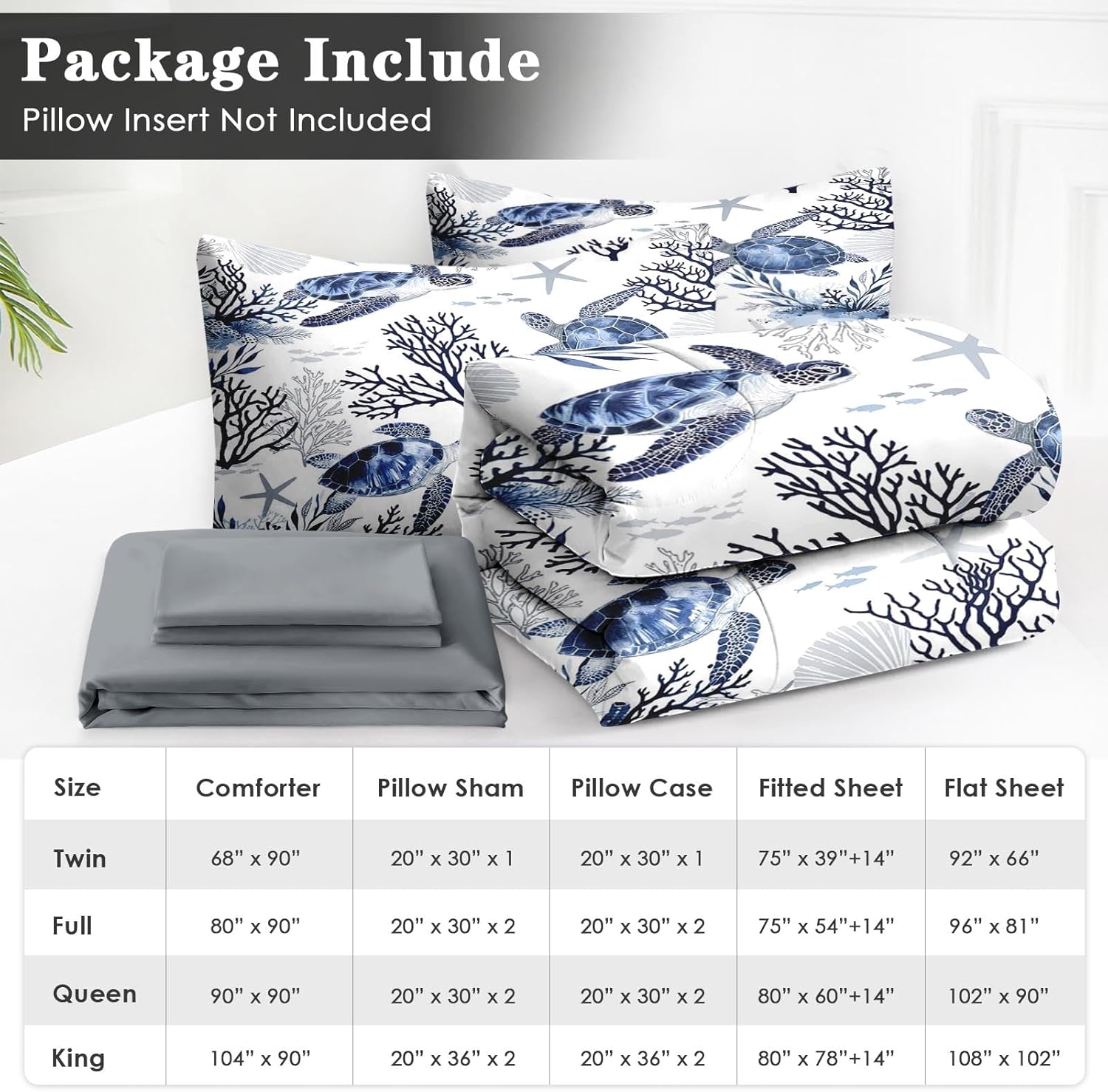 WeCozy 7 Pcs Queen Size Comforter Set with 2 Pillowcases & 2 Shams, Ocean Sea Coral Bedding for Kids and Adults, Blue Animal Turtle Bed in a Bag with Flat Fitted Sheet