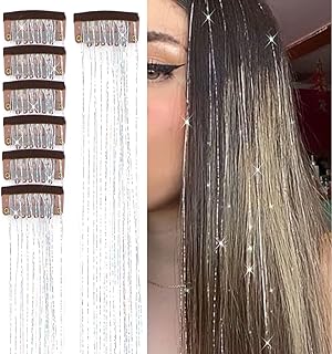 23.6Inch Clip in Hair Tinsel Kit, Silver Hair Tinsel Heat Resistant Fairy Hair Tinsel Clip in Glitter Hair Extensions, Shiny Tinsel Hair Extensions Sparkle Festival Dazzle Hair Accessories for Women Girls (Silver)
