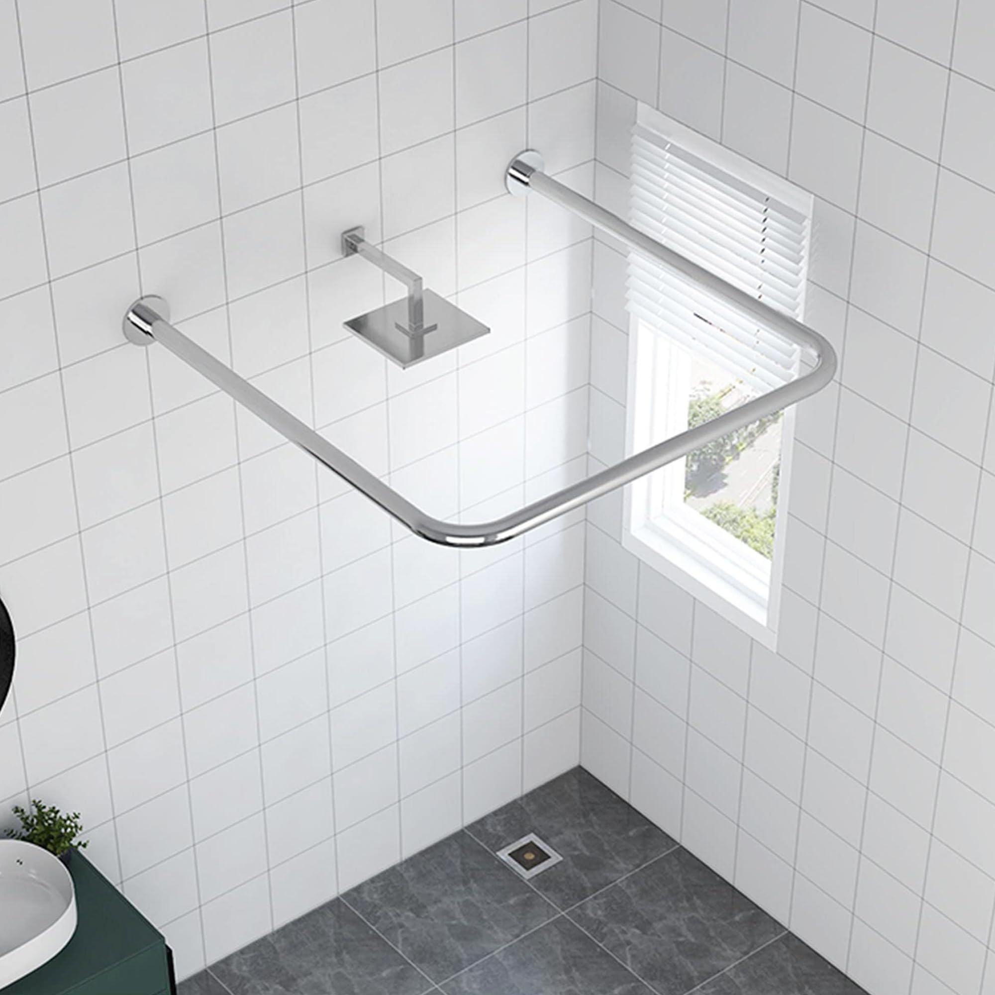 Bastone Per Tenda Da Doccia A U, Barra Extensible Cortina, Barra De Cortina De Ducha Ajustable In Acciaio Inox, Installazione Senza Trapano, Per Bagno, Vasca (Size:(85-120)x80x(85-120) cm,Color:Plata)