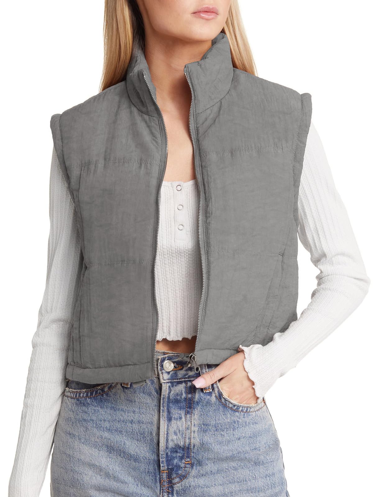 Photo 1 of Fazortev Women Crop Puffer Vest Lightweight Stand Collar Zip Up Short Puffy Jacket Padded Gilet Medium Light Grey