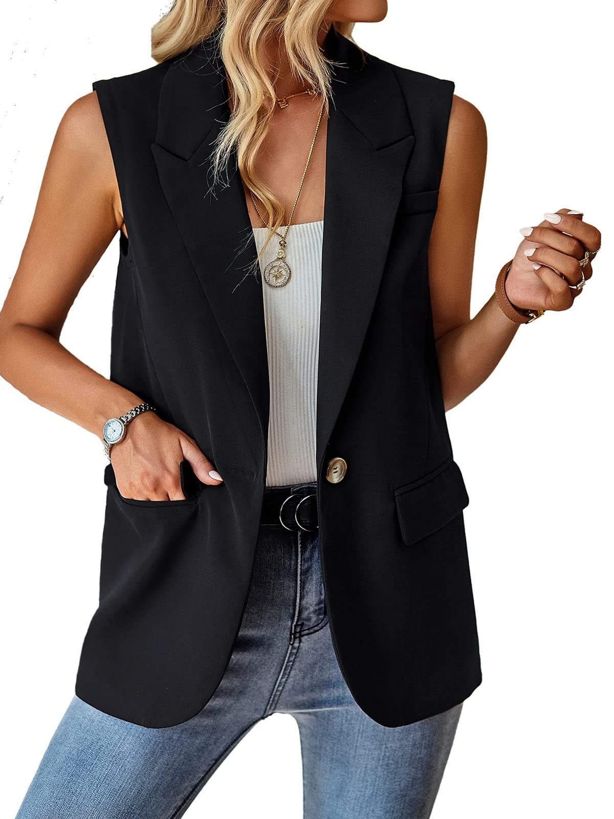 ALSOGO Blazer Damen Ärmellos Weste Sportlich Elegant Einfarbig Jacke Mantel Geschäft Büro Anzugjacke Revers Offene Vorderseite Freizeit Business mit Tasche