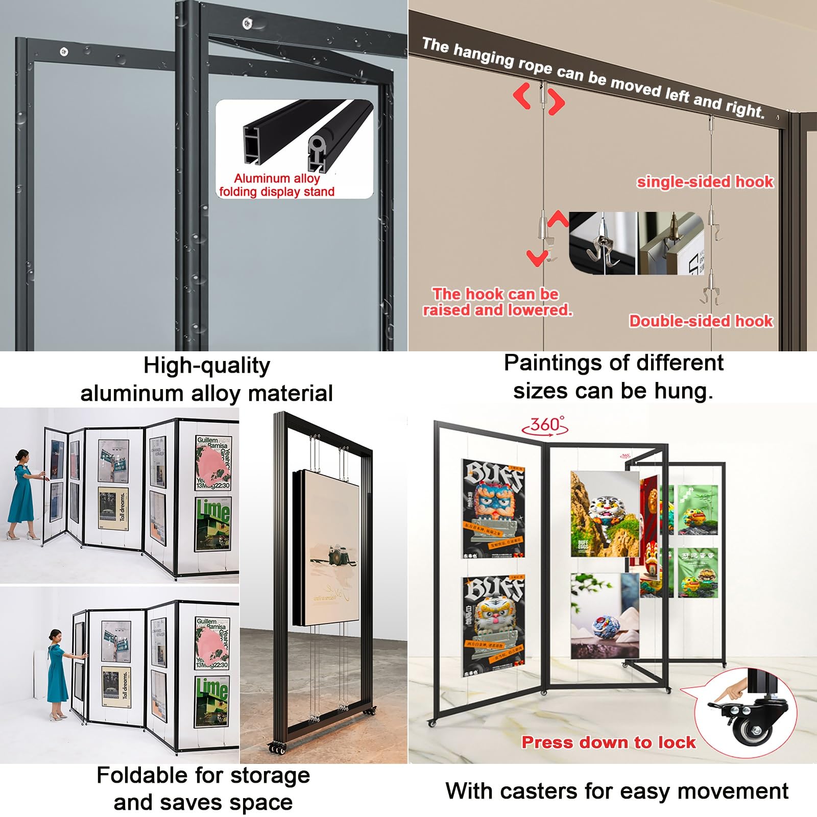 Soporte multifuncional negro para carteles, caballete de artista y tablero de información, soporte para carteles rodantes, 120 x 220 cm, partición publicitaria, ideal para eventos y presentaciones.