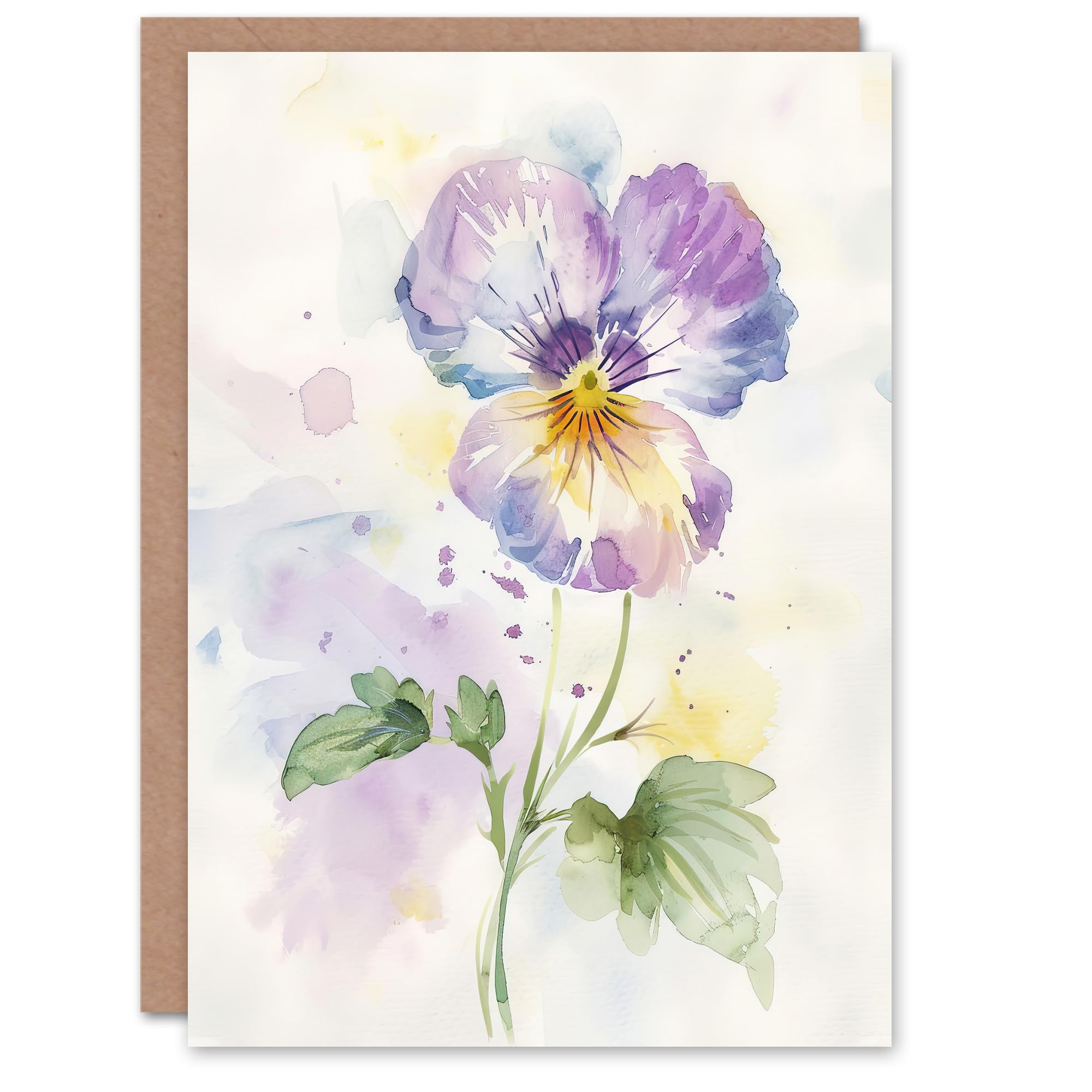 Artery8 Greeting Card Single Purple Pansy Simple Floral Watercolour Blank For Her Woman Birthday Card