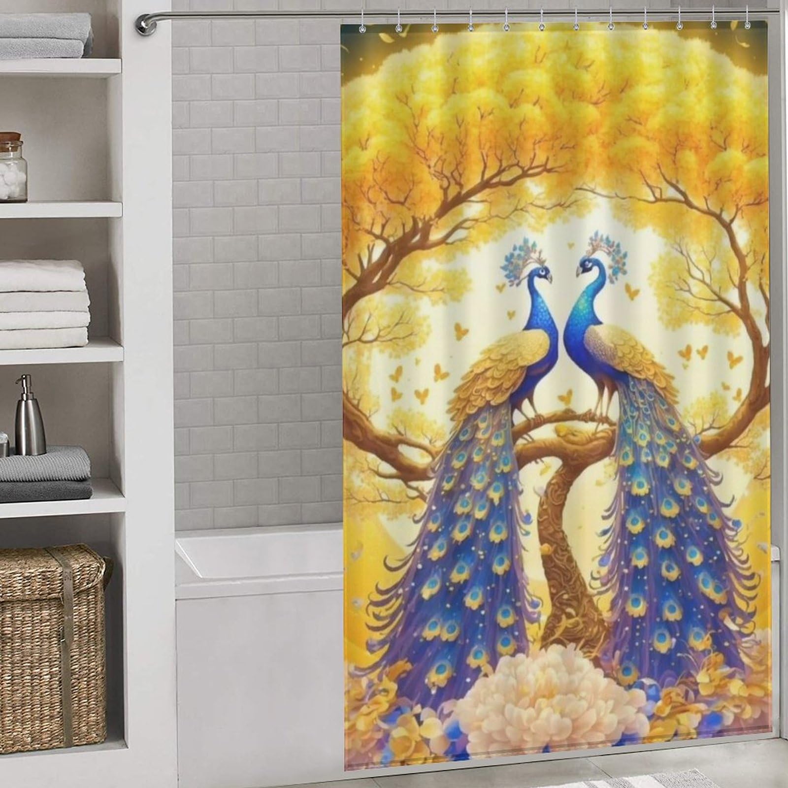 Rideau baignoire anti éclaboussures motif paon 140x183cm résistant et étanche