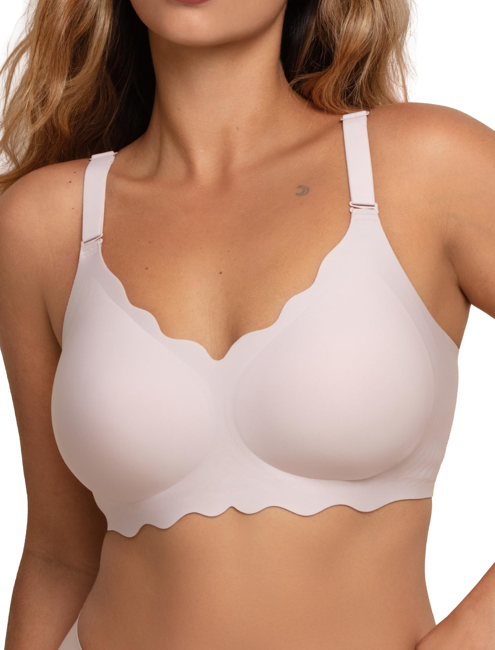 COMFELIE Wireless Full Coverage Bra No Underwire Scalloped Lace Edge Breathable Pink M
