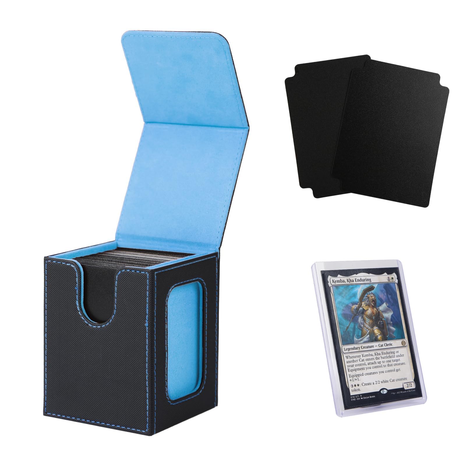 MTG Deck Box for Commander Display,Card Deck Box Fits 100 Double Sleeved Cards,TCG with 2 Dividers and 1 Toploader (Black and Wathet) | Holds 120 Single/100 Double-Sleeved Cards, Fit MTG/PTCG/OPTCG Cards, Strong Magnet, PU Leather, With 2 Dividers & 1 Toploader