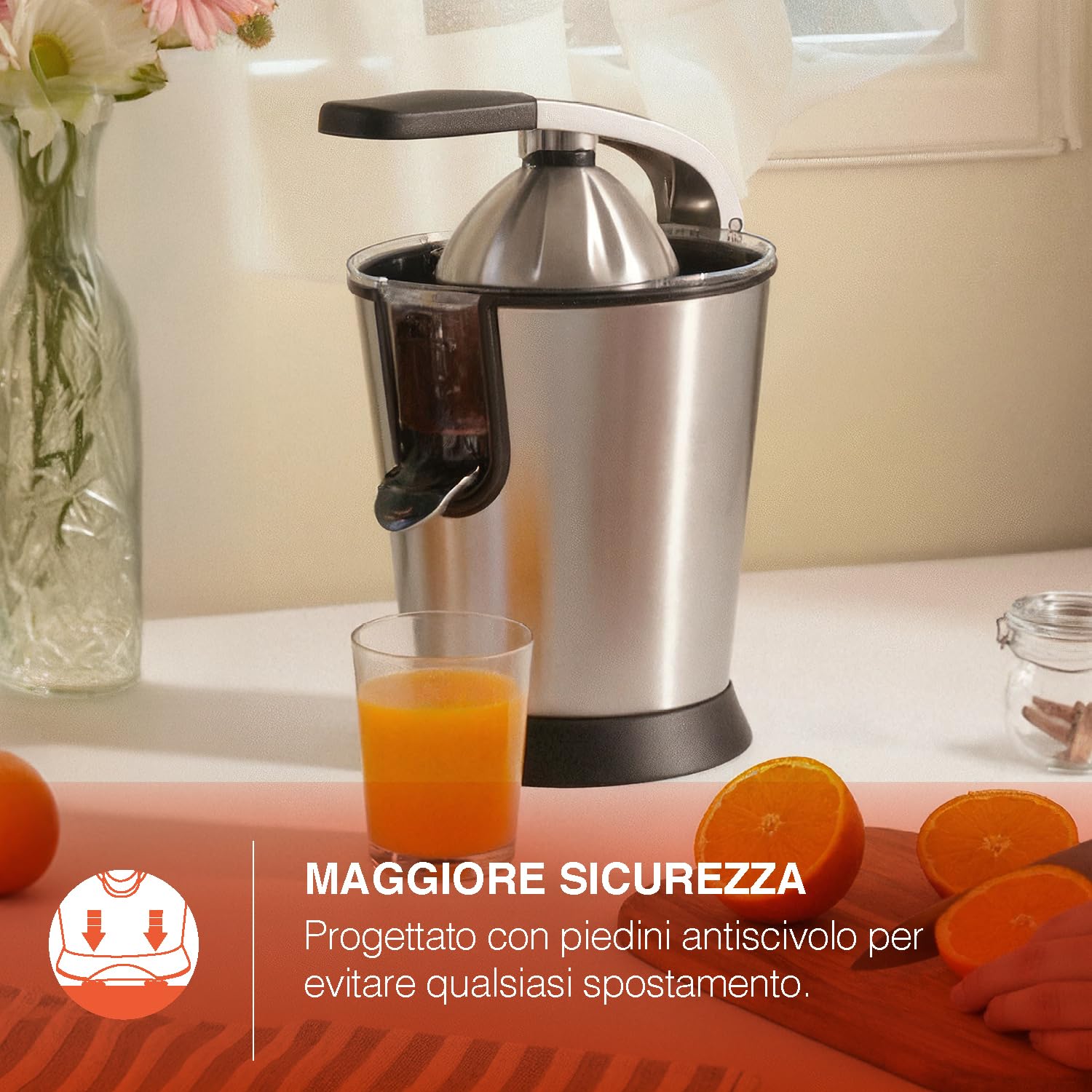 H.Koenig AGR80 Spremiagrumi elettrico professionale, 160W, leva e filtro in acciaio inox, beccuccio salvagoccia, senza BPA, potente, parti lavabili in lavastoviglie, colore argento