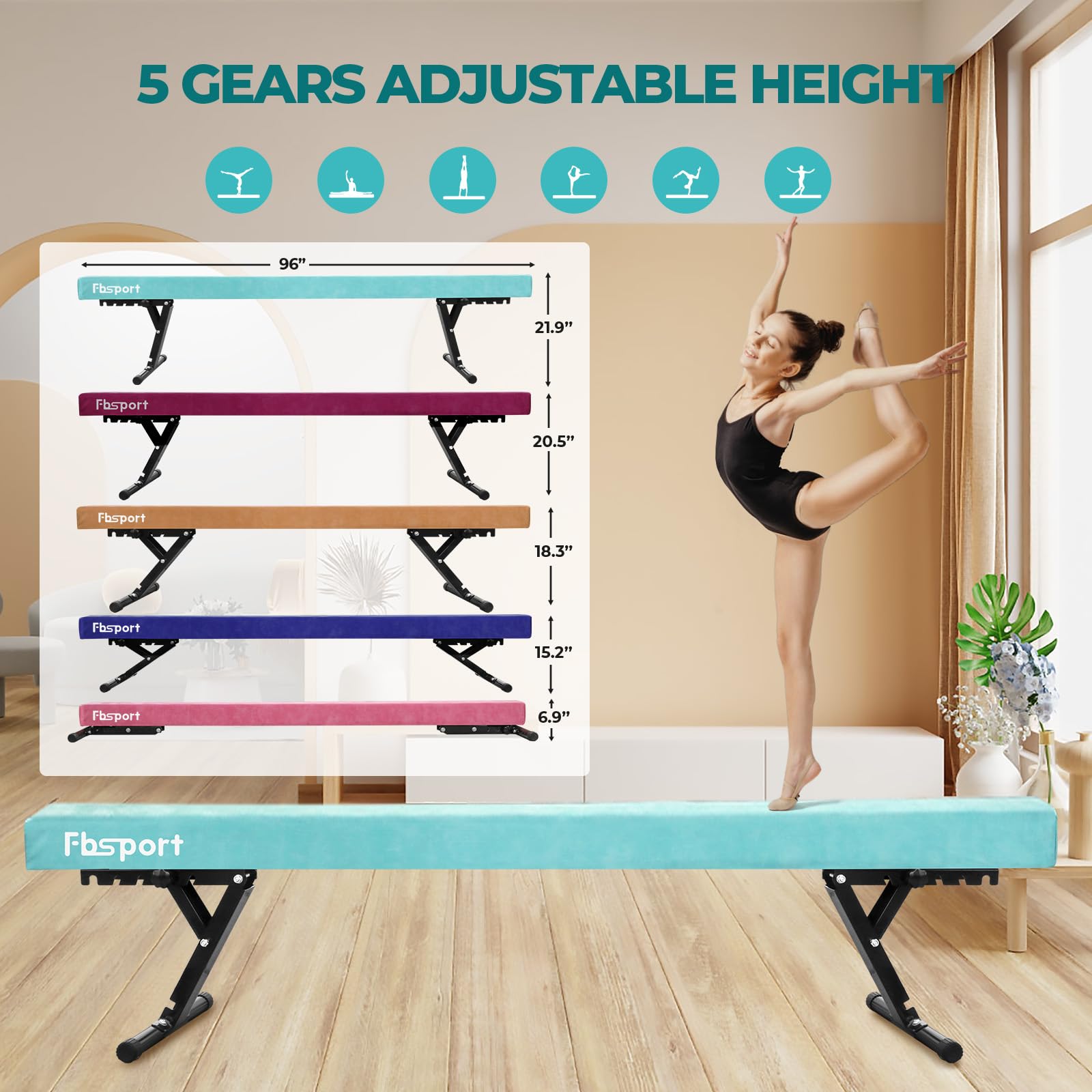FBSPORT Barra de Equilibrio Gimnasia artistica Ajustable 244cm,5 Alturas Ajustables viga de Piso Alto y bajo Alta Estabilidad Equipos de Entrenamiento de práctica de Gimnasio para niños