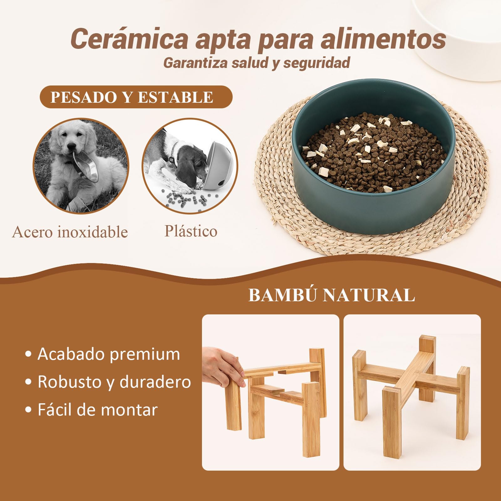 Comedero y Bebedero Perro Elevado - Comedero Perro Grande con Soporte de Bambú - Cuenco Ceramica Perro para Comida y Agua - Comederos Perros Grandes - Plato para Perro Alto - Bol Perro - 1800 ml