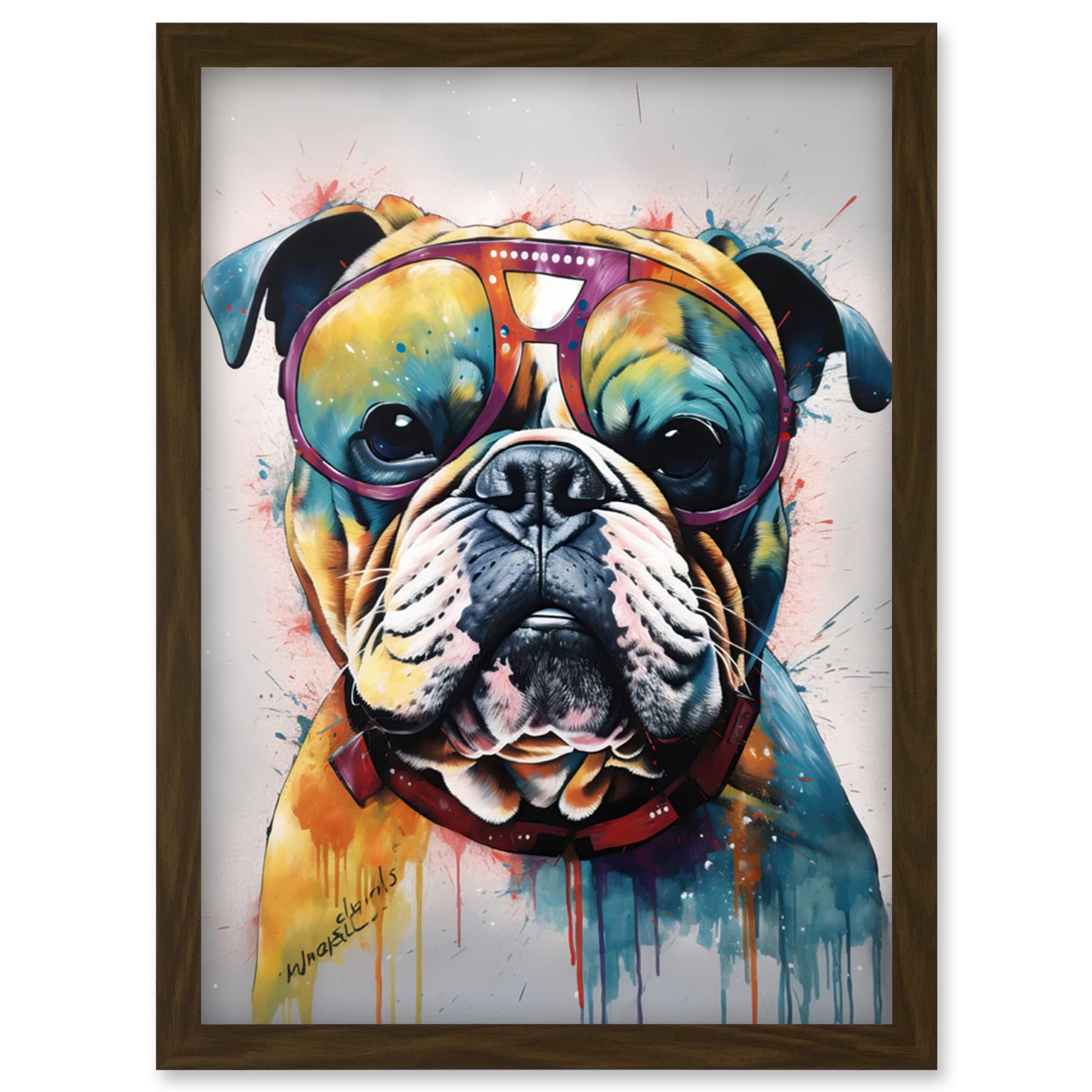 Artery8 English Bulldog Dog Wearing Vintage Sunglasses Artwork Framed Wall Art Print A4