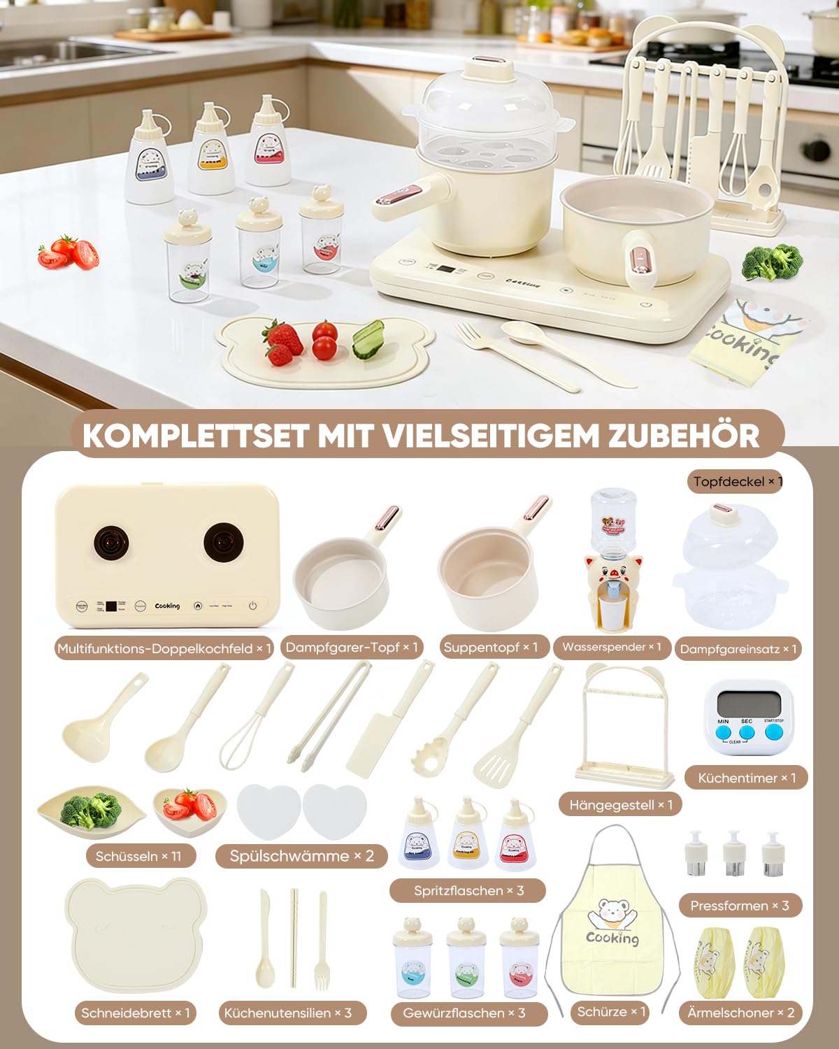 Hot Pot électrique à double plaque de cuisson - Mini multicuiseur électrique - Avec cuiseur vapeur et marmite à soupe - Compact, facile à nettoyer - Beige