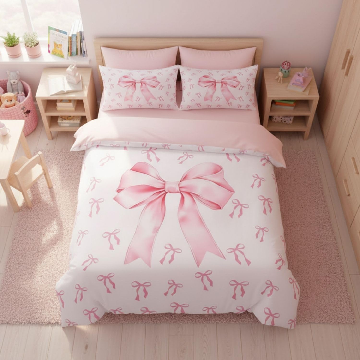 Homewish Girls Pink Bow Bed Set Kawaii Pink Princess Duvet Cover Super King Purple and White Bowknot Bedding Set Dreamy Fairy Tales Quilt Cover for Kids Women