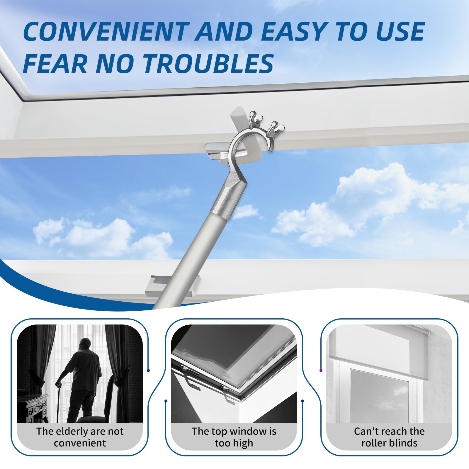 Perche avec Crochet pour Ouverture de Lucarnes - Tige 115 cm avec Crochet Argent Idéale pour Fenêtres Velux et Lucarnes Inaccessibles, Facile à Installer, Utiliser en Toute Sécurité Pratique et Stable